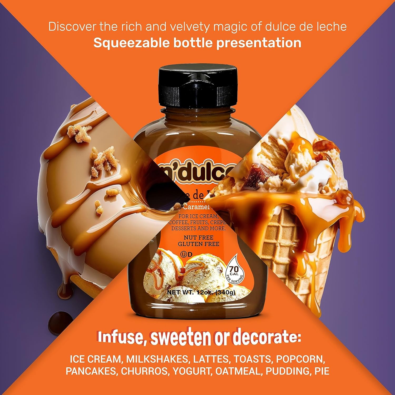 N’DULCE Dulce De Leche Jarabe  Cremas de caramelo  Jarabes para bebidas de café  Textura ligera y sabor rico  Sin gluten  Sin nueces  Jarabe