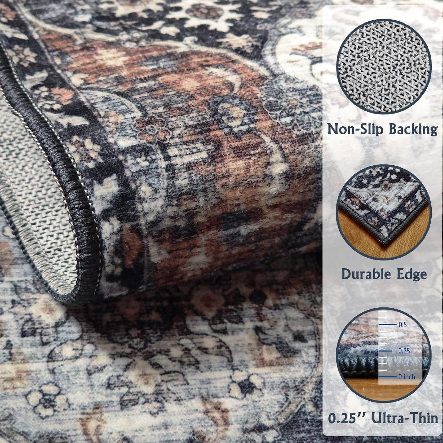 Othilic Alfombra lavable de 3 x 5, antideslizante, de pelo bajo, estilo bohemio, marroquí, enrejado, para sala de estar, alfombra oriental suave y