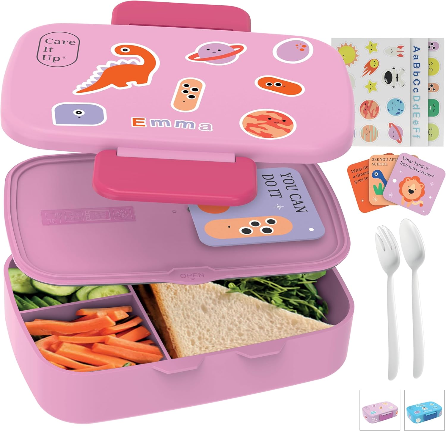 Lonchera Bento para niños y niñas con juego de cubiertos, hojas de calcomanías (más de 5 años), caja de almuerzo de 3 compartimentos a prueba de