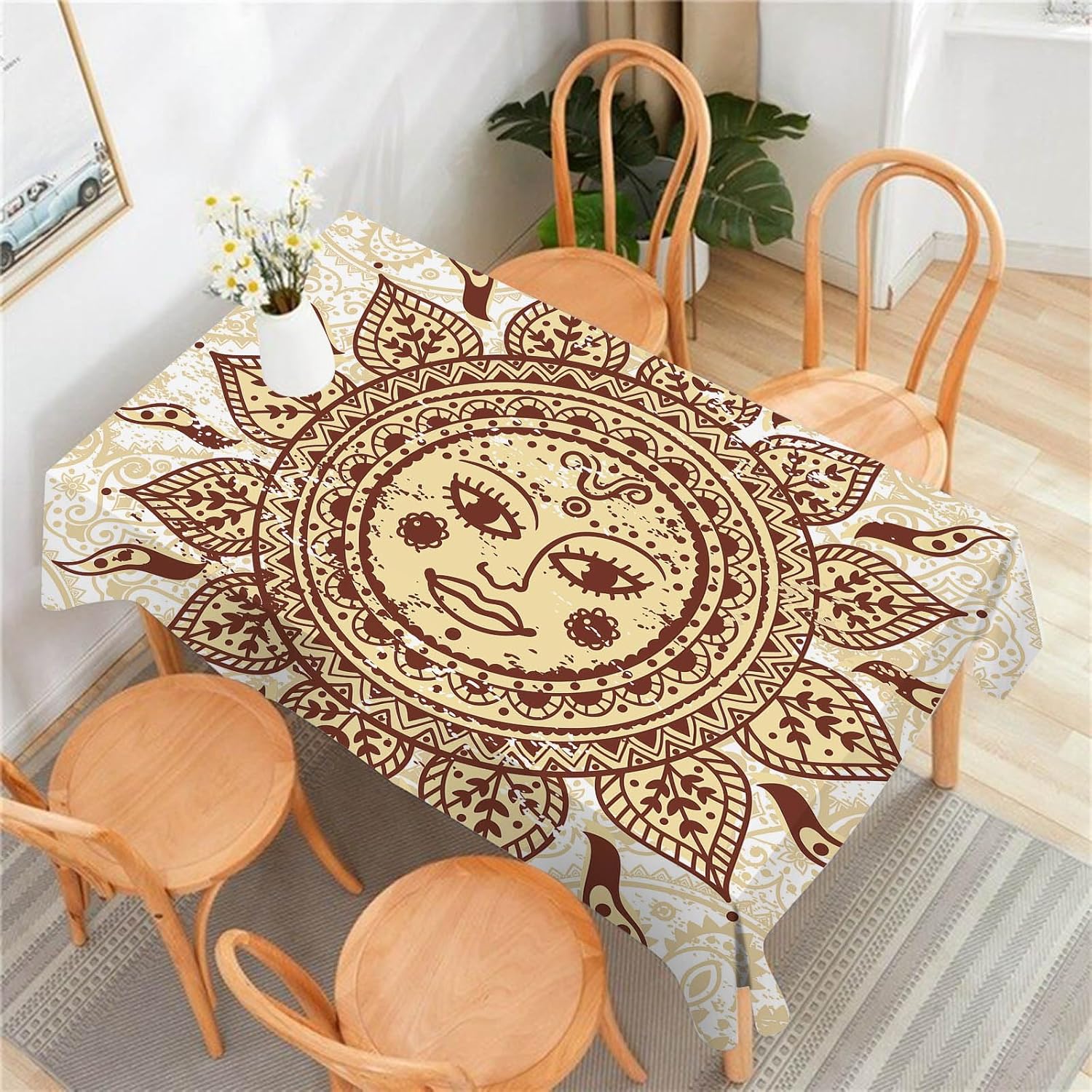AOYEGO Mantel rectangular con diseño de mandala, diseño étnico ornamental, mito tribal, con diseño de sol dorado, 60 x 120 pulgadas, a prueba de