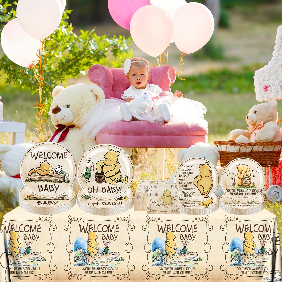 Juego de 81 platos de oso para baby shower, servilletas y tazas de oso para decoración de baby shower, vajilla de oso para niños o niñas, baby