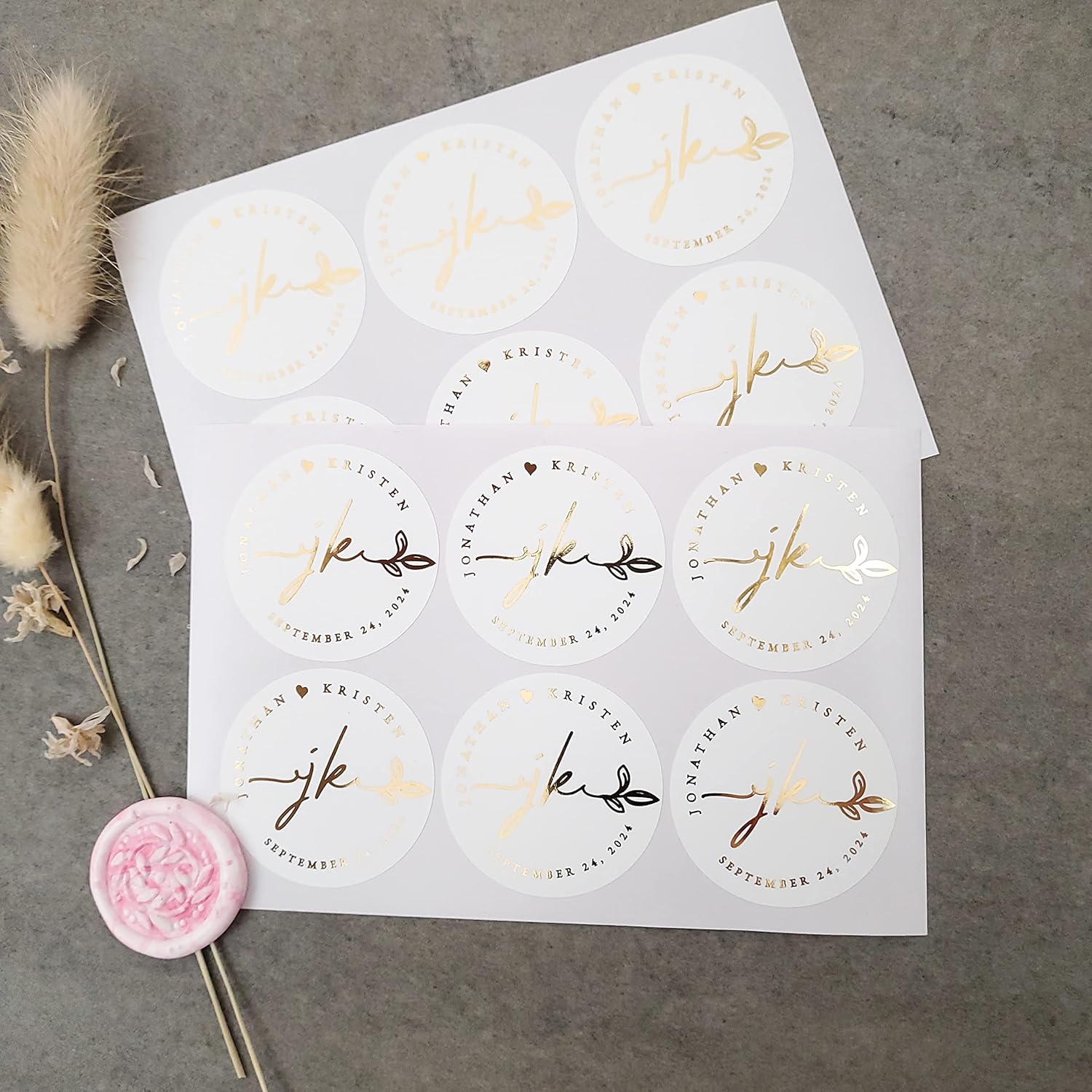 Calcomanías de boda doradas personalizadas para regalos, etiquetas de invitación de boda personalizadas, sellos de sobres redondos, calcomanías
