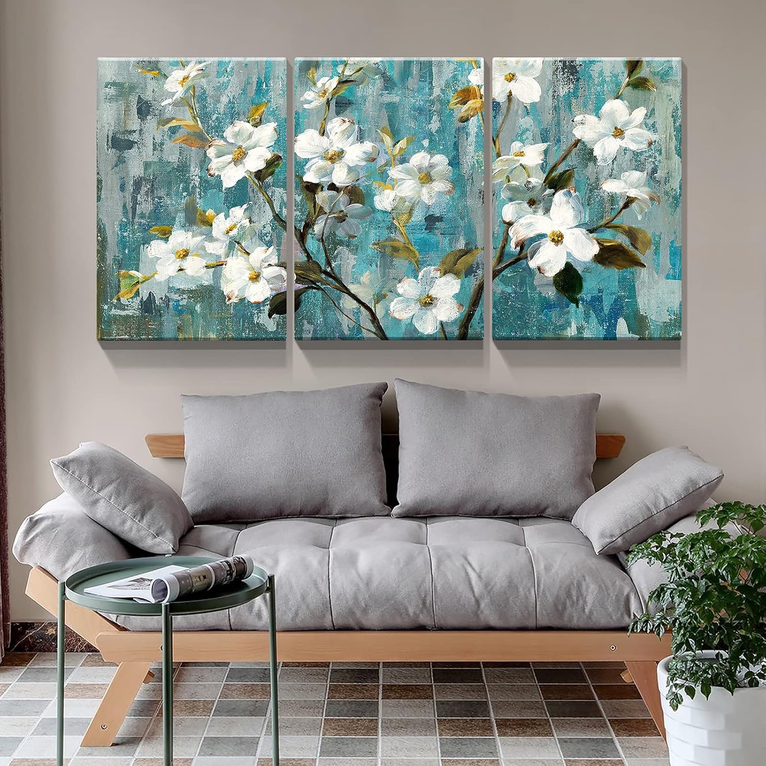 Denozer Arte de pared de flores para baño, decoración de pared de flores blancas con fondo abstracto, lienzo, ilustraciones modernas, lienzo,
