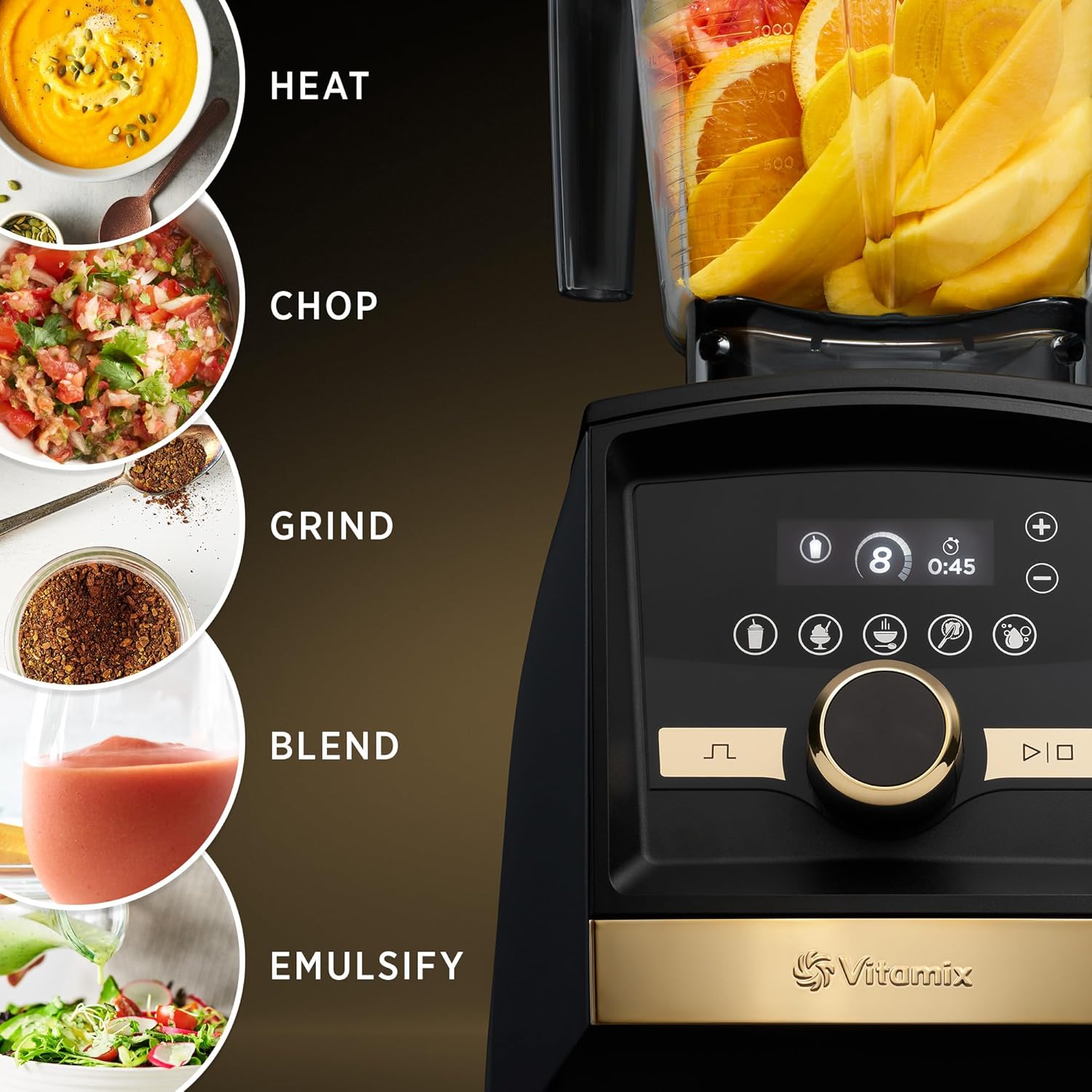 Vitamix A3500 Ascent Series Gold Label Smart Blender, grado profesional, contenedor de bajo perfil, 64 onzas, azul marino mate con detalles dorados
