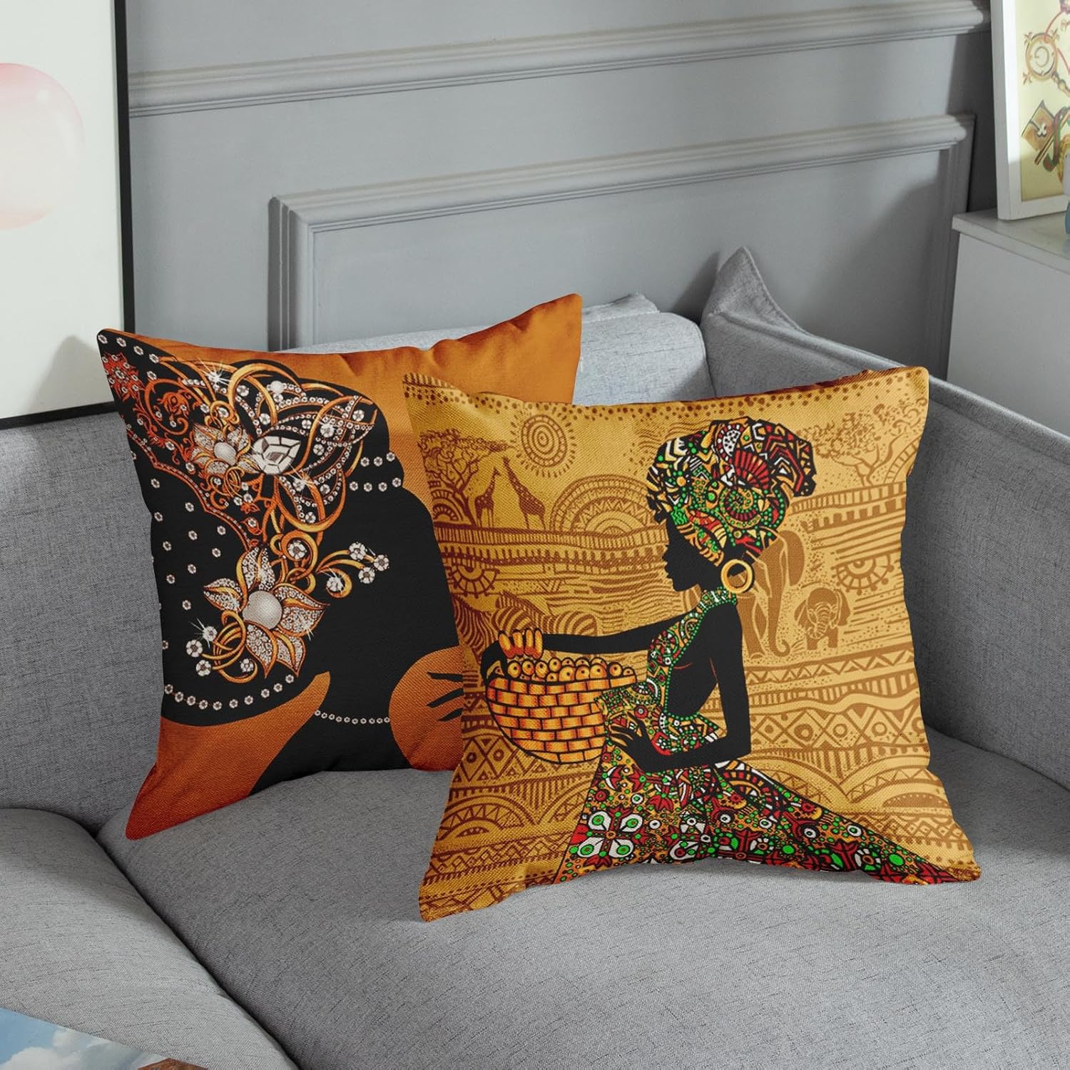 Juego de 4 fundas de almohada decorativas para decoración del hogar, diseño de animales tribales afroamericanos, 18 x 18 pulgadas, fundas de