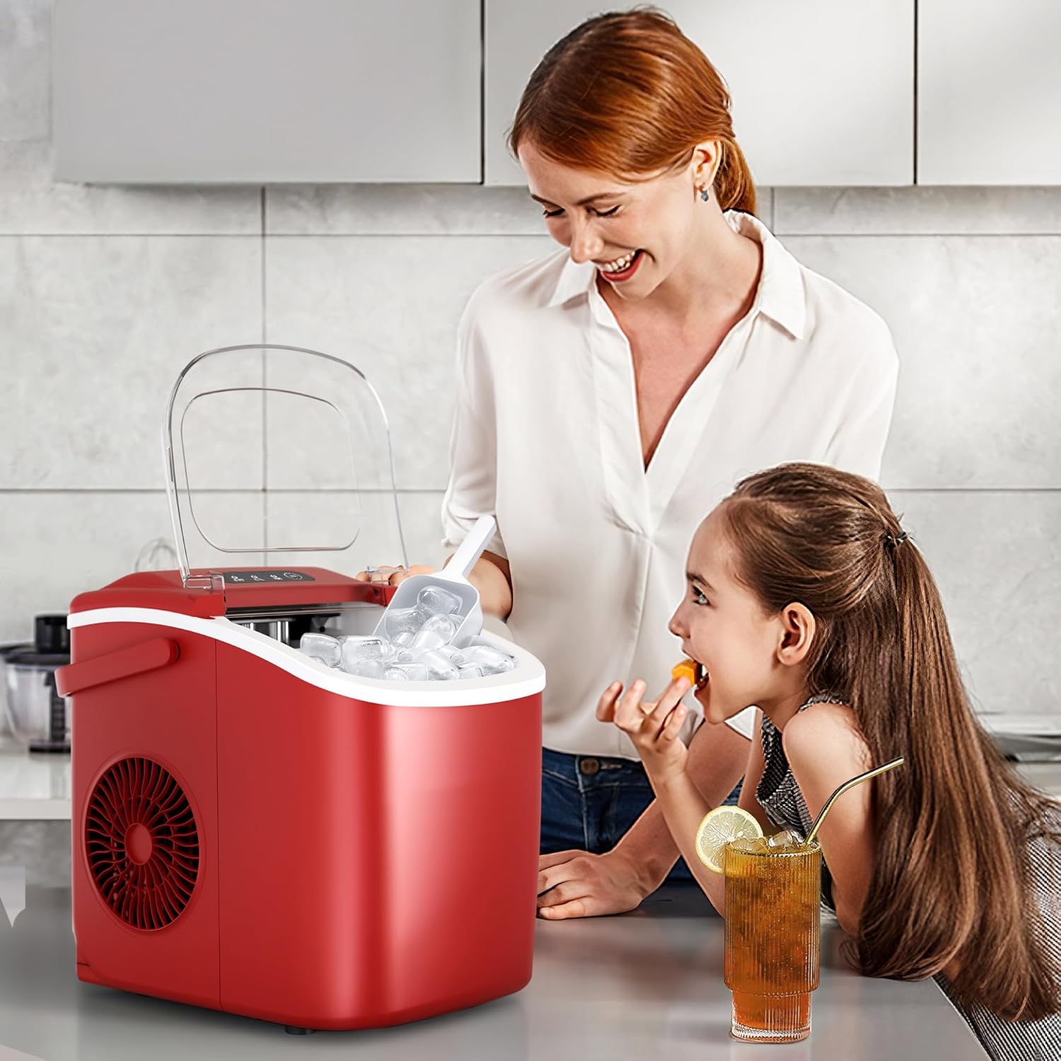 Máquina portátil de hielo para encimera con asa, 9 cubitos de hielo en forma de bala listos en 6 minutos, 26 libras24 horas, función de autolimpieza