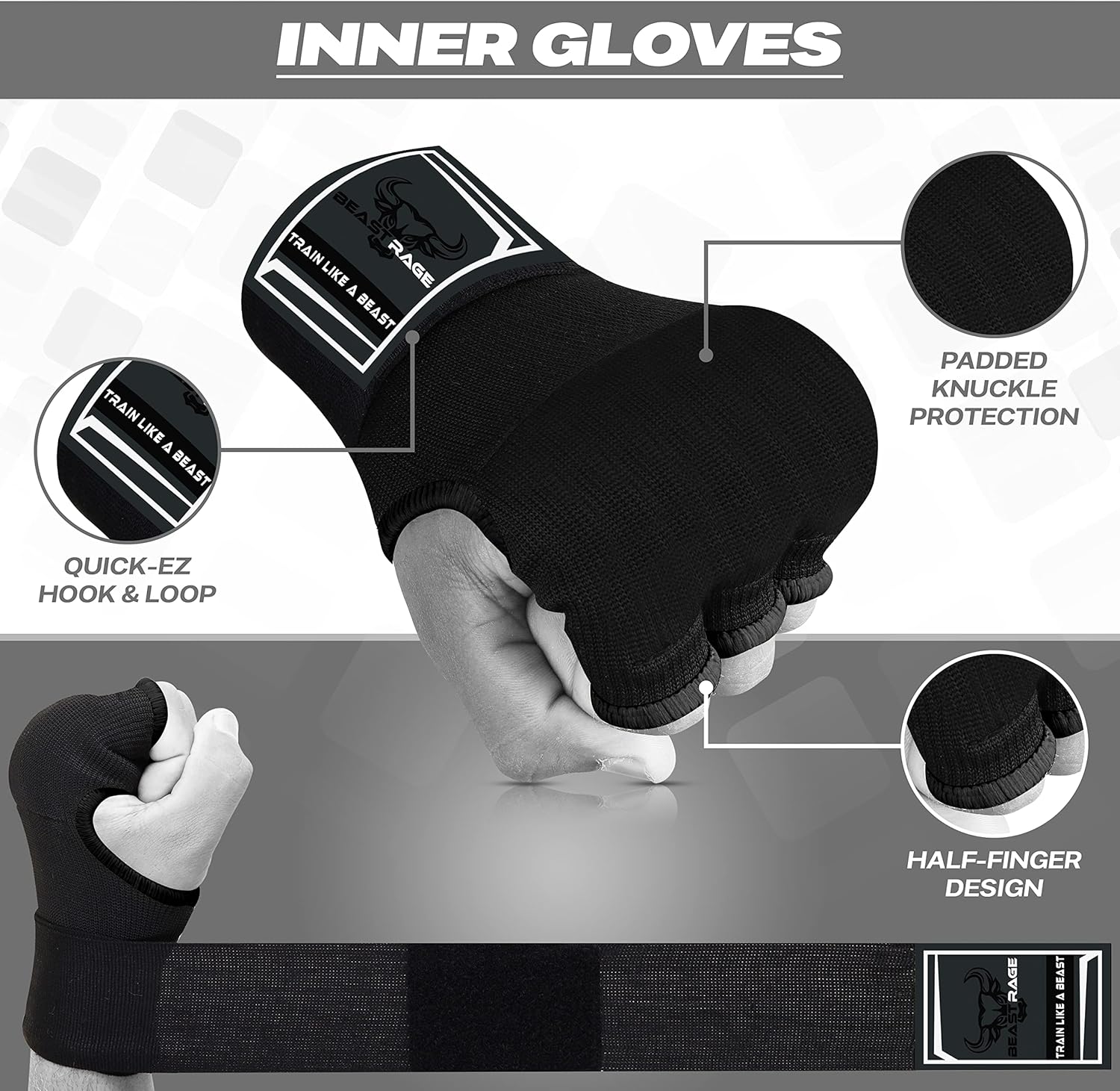 BEAST RAGE Guantes interiores con envolturas de mano, envoltura rápida, largo de 36 pulgadas, soporte de muñeca de MMA, vendajes Muay Thai,