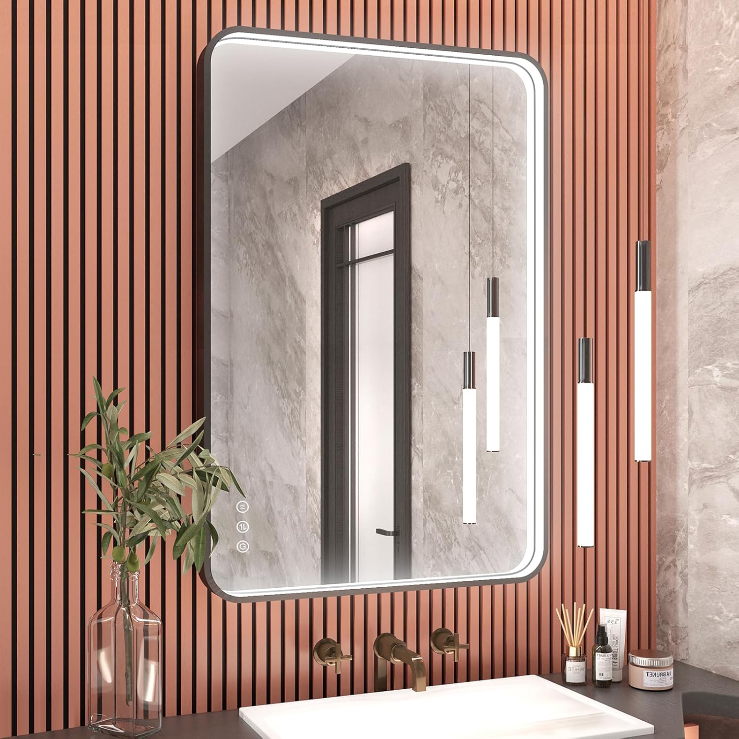 Espejo de baño LED de 24 x 36 pulgadas con luces, espejo de tocador de baño iluminado para pared con marco de metal de aleación de aluminio negro,