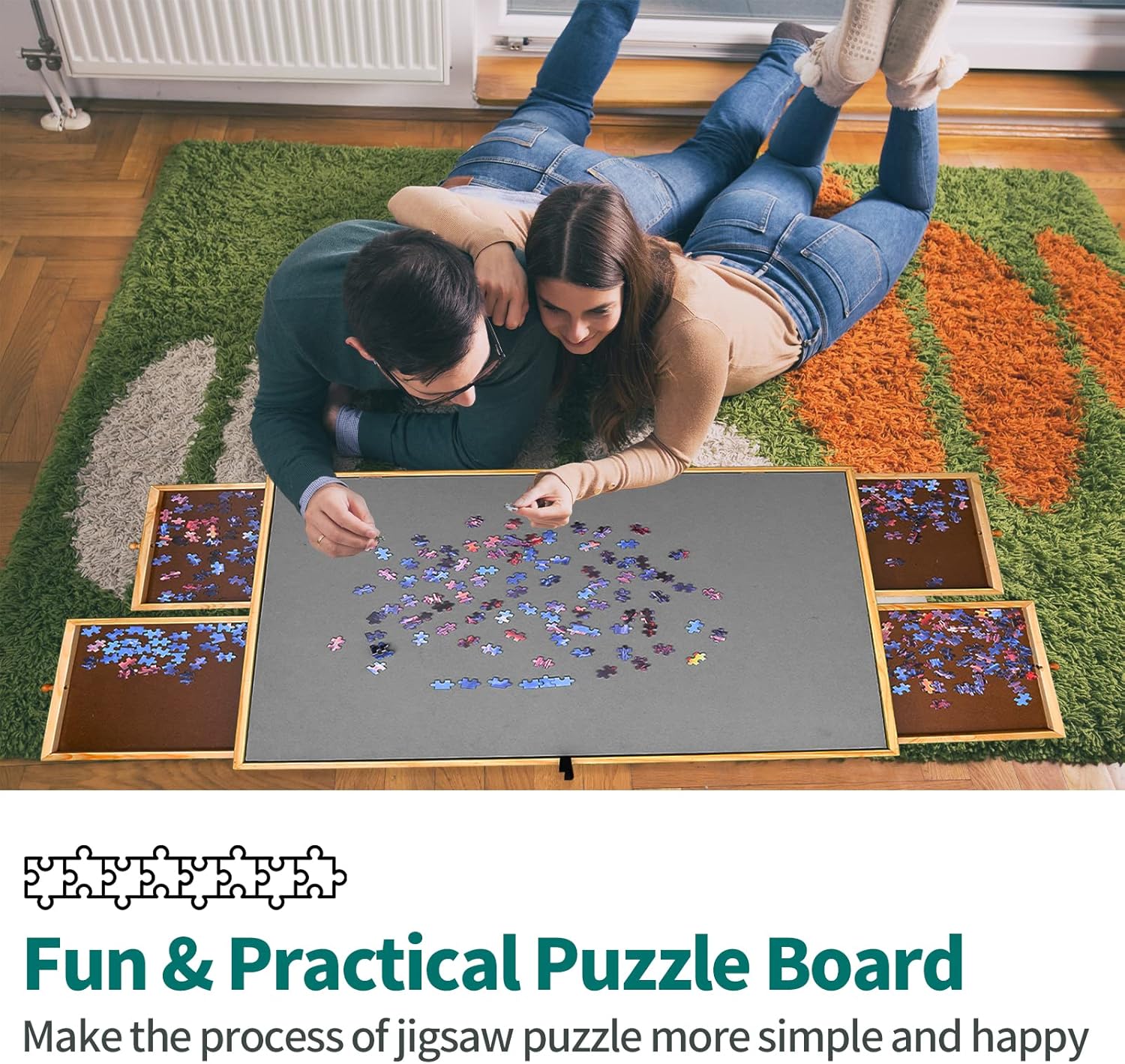 Mesa de rompecabezas para adultos, tablero de rompecabezas de madera de 1500 piezas con 4 cajones de 35 x 26 pulgadas, tablero de rompecabezas de