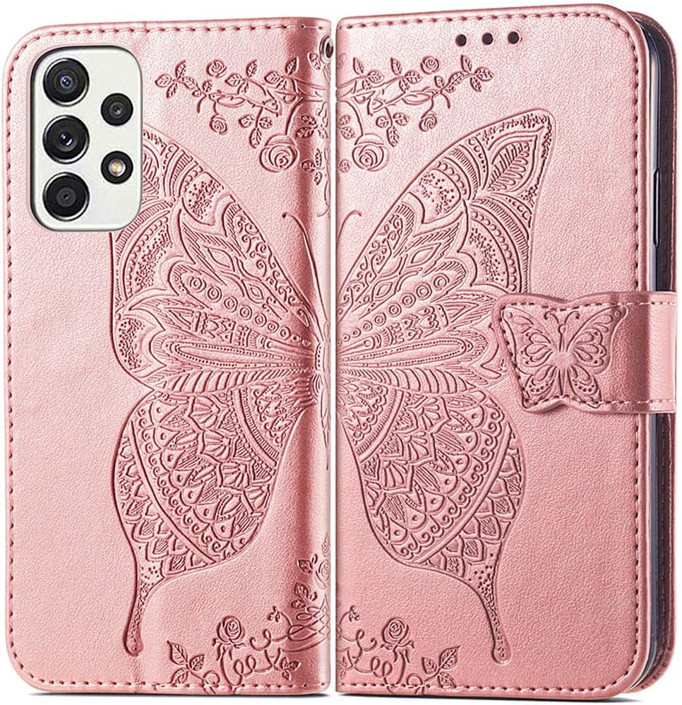 Funda tipo cartera para Samsung Galaxy A53 5G, piel sintética de alta calidad con diseño de mariposa en relieve, función atril, ranuras para
