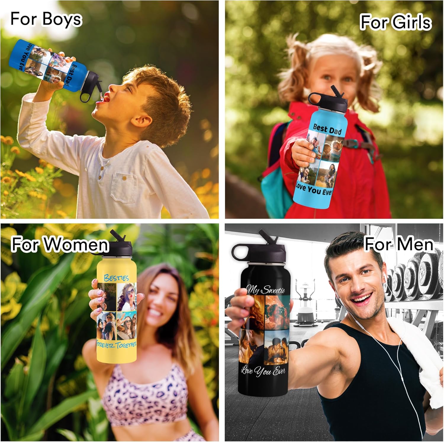 Botellas de agua con fotos personalizadas, botella de agua aislada de acero inoxidable con impresión de doble cara personalizada de 18 oz32 onzas