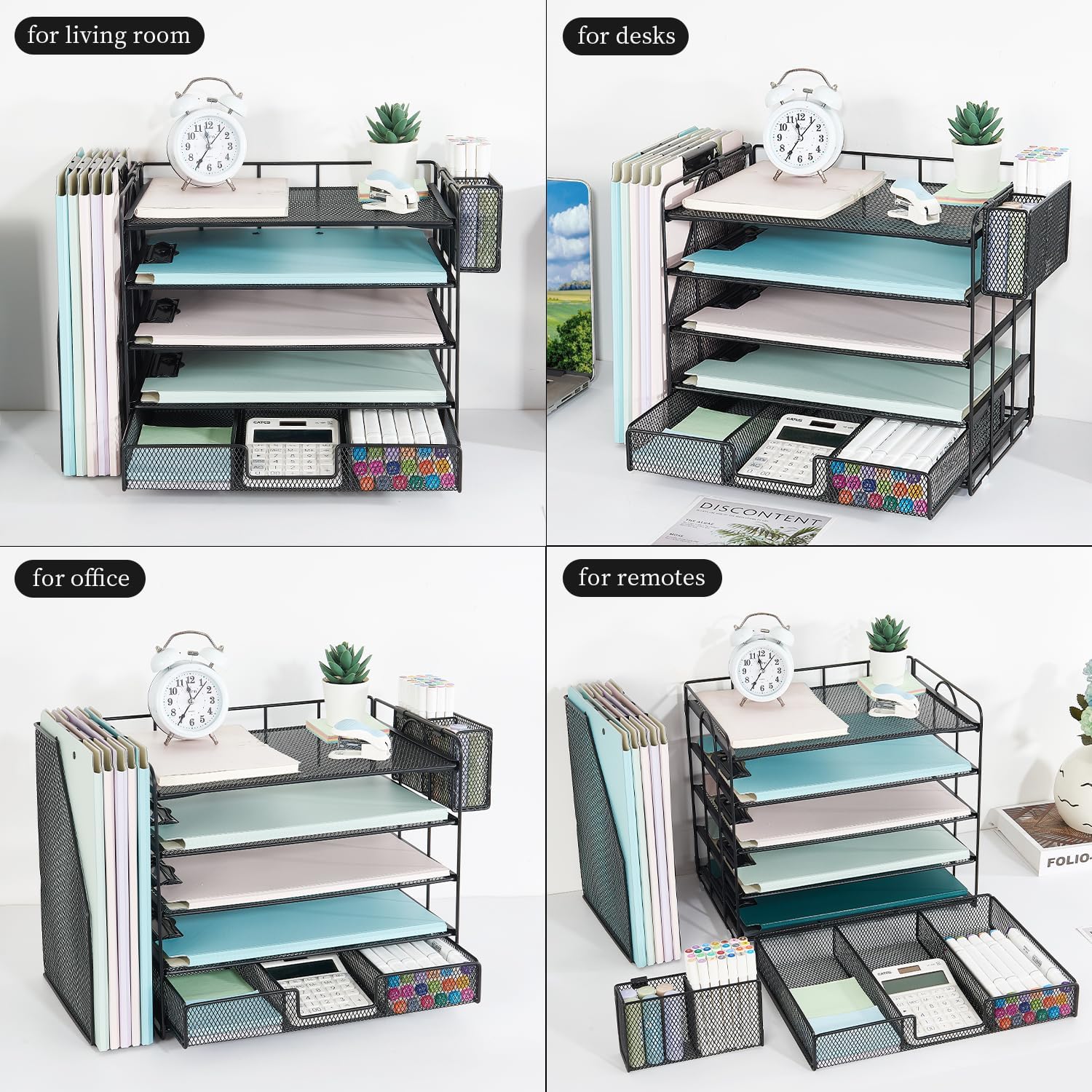 Youbetia Organizador de bandeja de papel con soporte para archivos de malla, accesorios de escritorio de 5 niveles y organizadores de escritorio