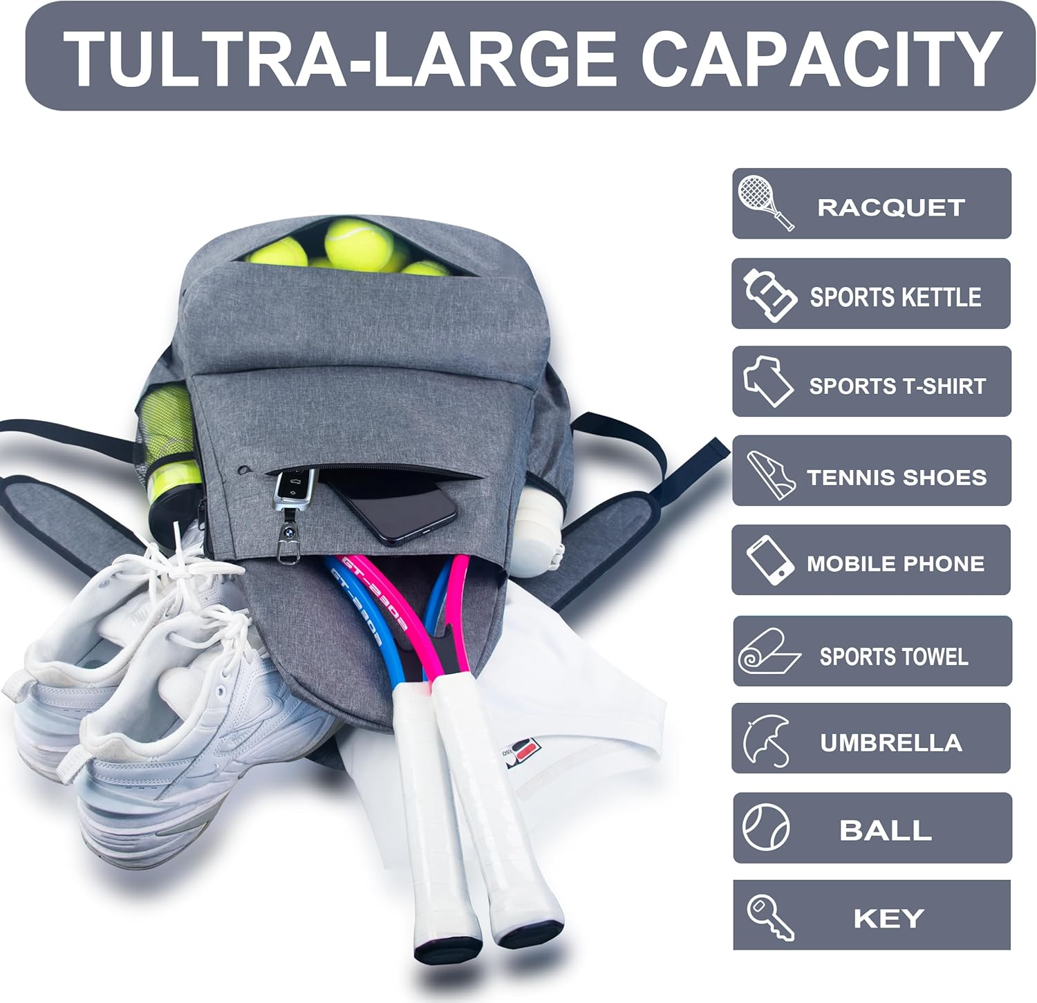Raqueta de tenis con bolsa de tenis, raqueta de tenis para adultos, raqueta de tenis de 27 pulgadas con mochila multifuncional de gran capacidad