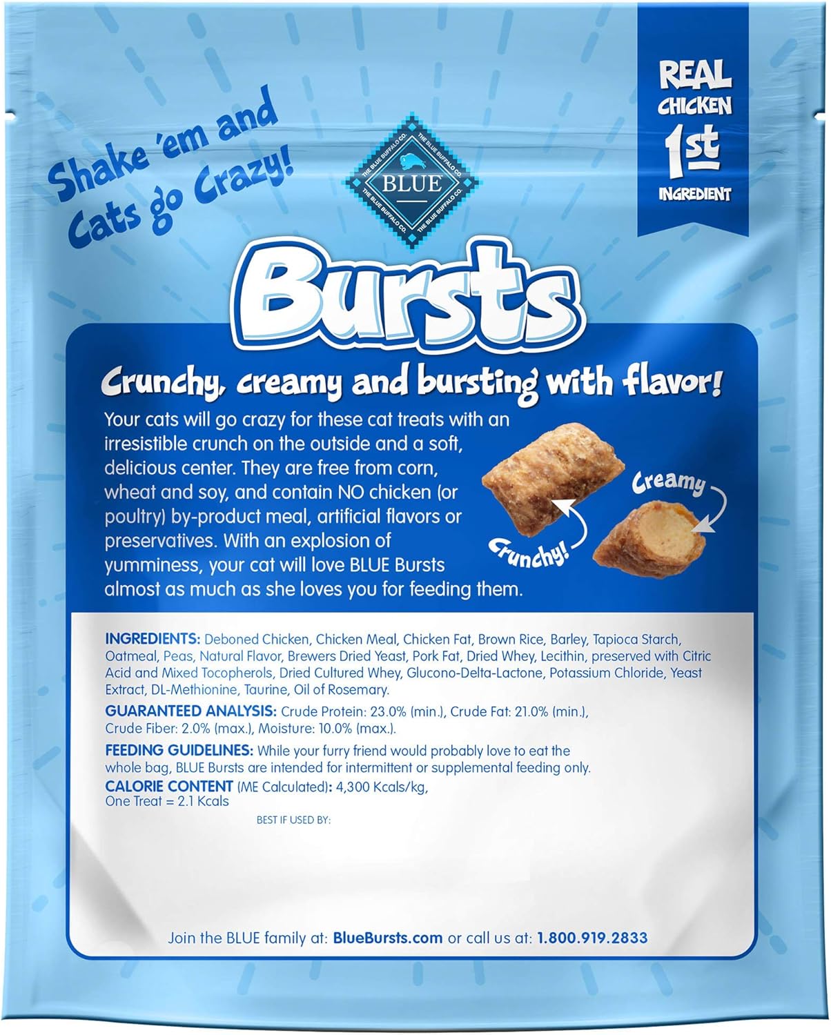 Blue Buffalo – Premios crujientes Bursts para gatos, de pollo, bolsa de 141 g