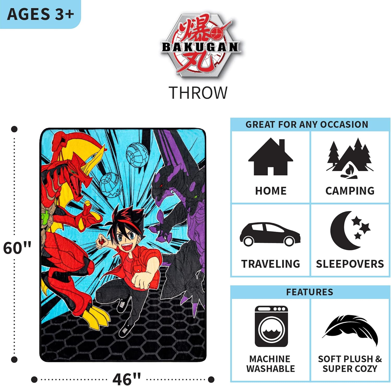 Franco Bakugan – Ropa de cama de anime para niños, manta de felpa súper suave, 46 x 60 pulgadas