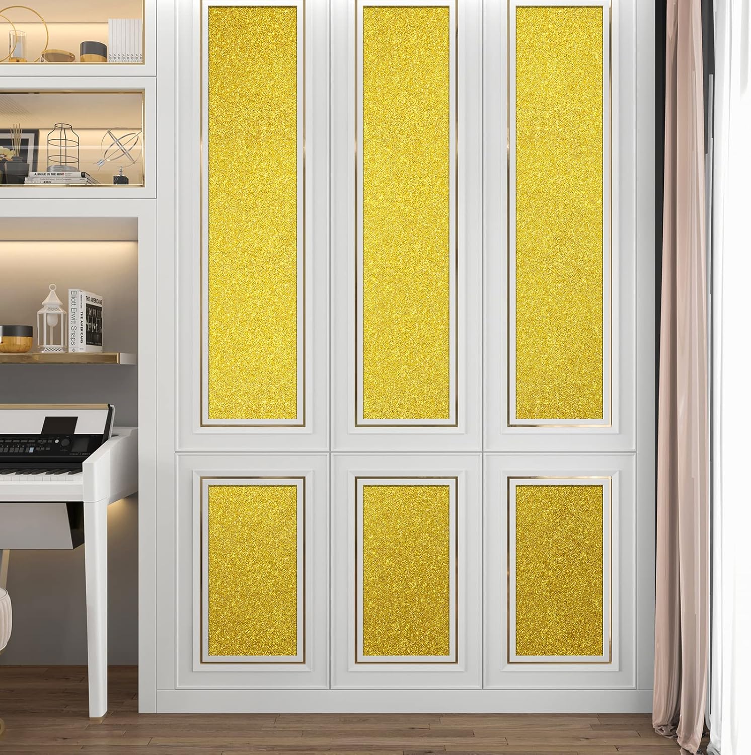 Stickyart Papel tapiz con purpurina dorada, bordes de pared brillantes, despegar y pegar, para dormitorio, papel adhesivo extraíble con purpurina
