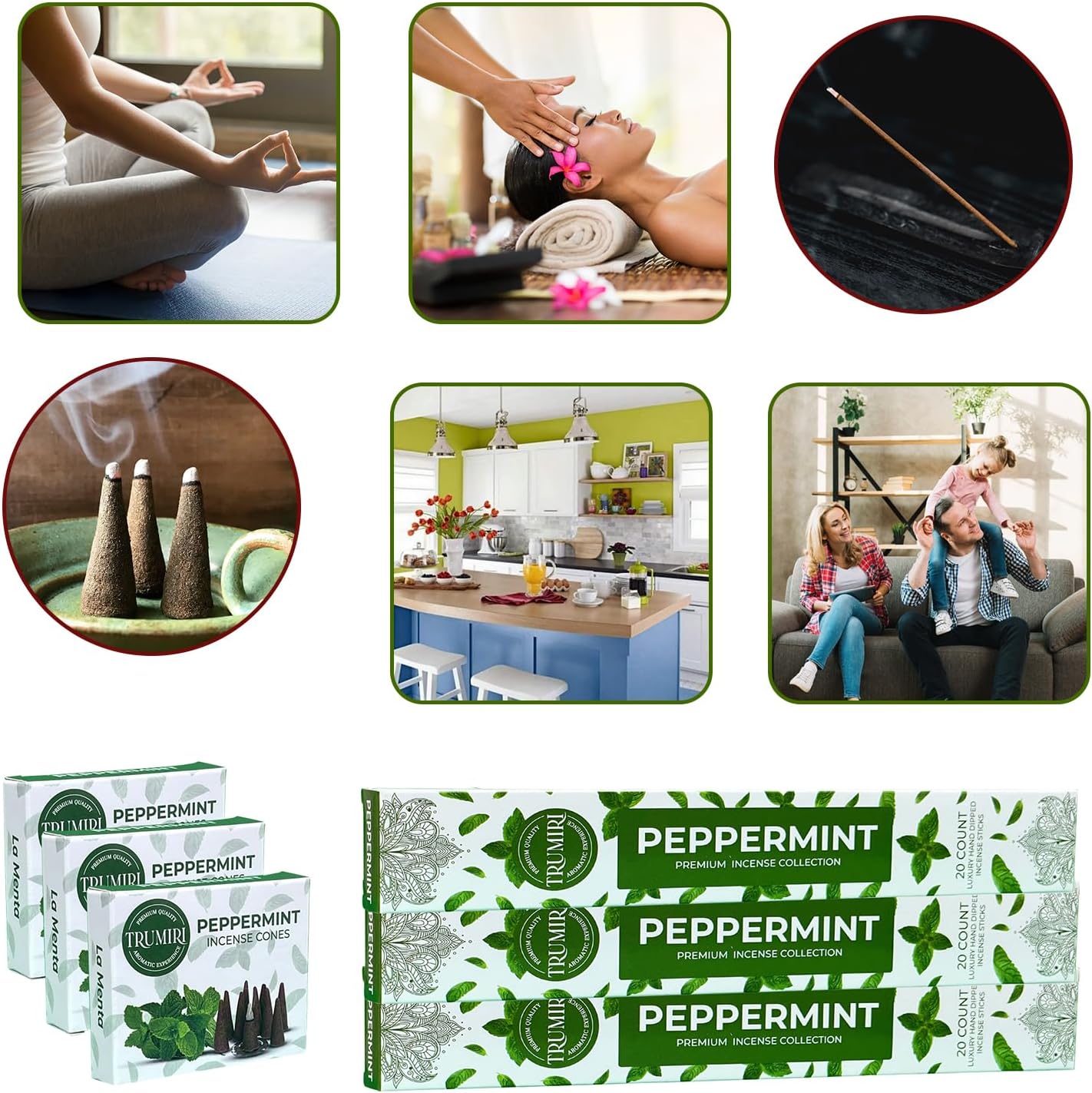 Paquete combinado de palitos de incienso de menta y conos de incienso, 60 varillas de incienso + 30 conos de insencia, incienso perfumados, insents