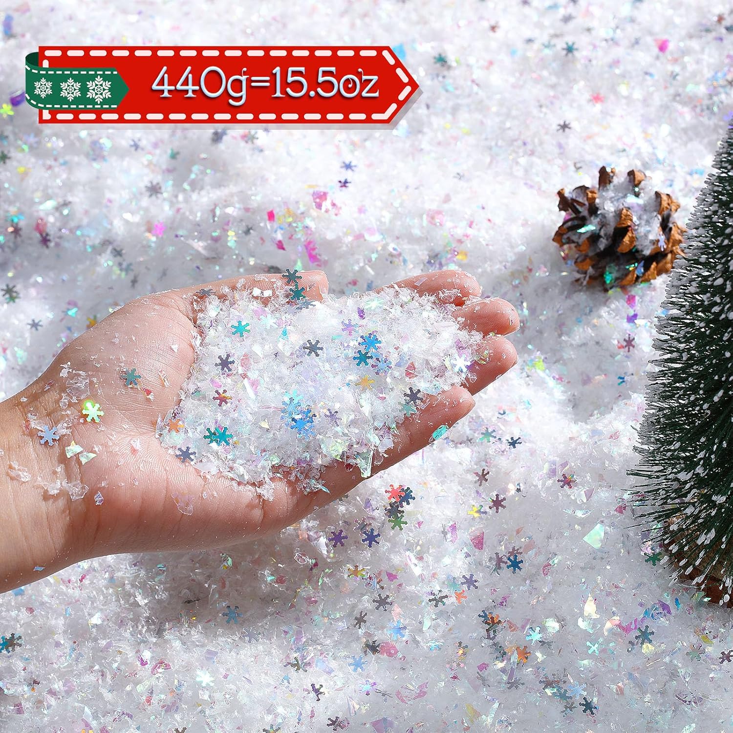 Geosar Nieve artificial de Navidad de 14 onzas y copos de nieve de 1.4 onzas, confeti de nieve instantánea de nieve falsa con purpurina iridiscente