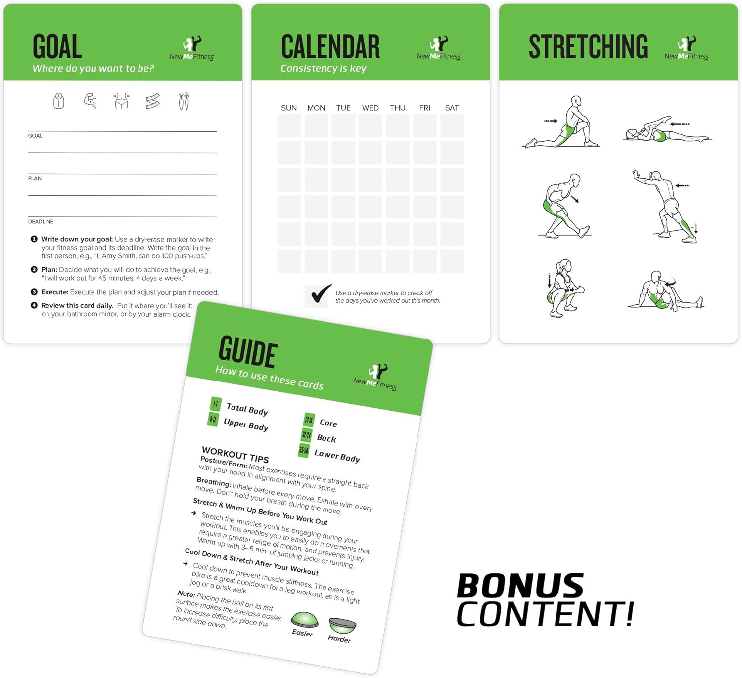 NewMe Fitness Tarjetas de entrenamiento con media pelota de equilibrio  Baraja de instrucciones de entrenamiento para mujeres y hombres, guía de