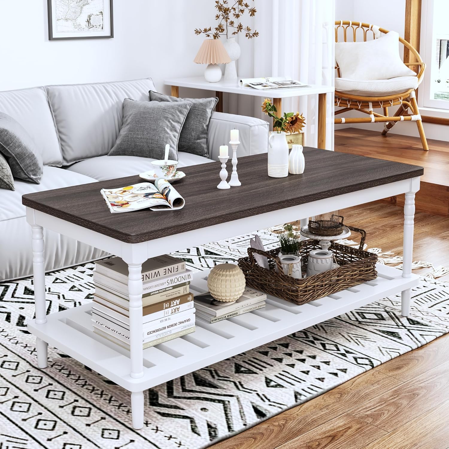 Mesa de centro de granja, madera maciza + MDF rústica, vintage, mesas de sala de estar con estante, marrón y blanco, 43 pulgadas