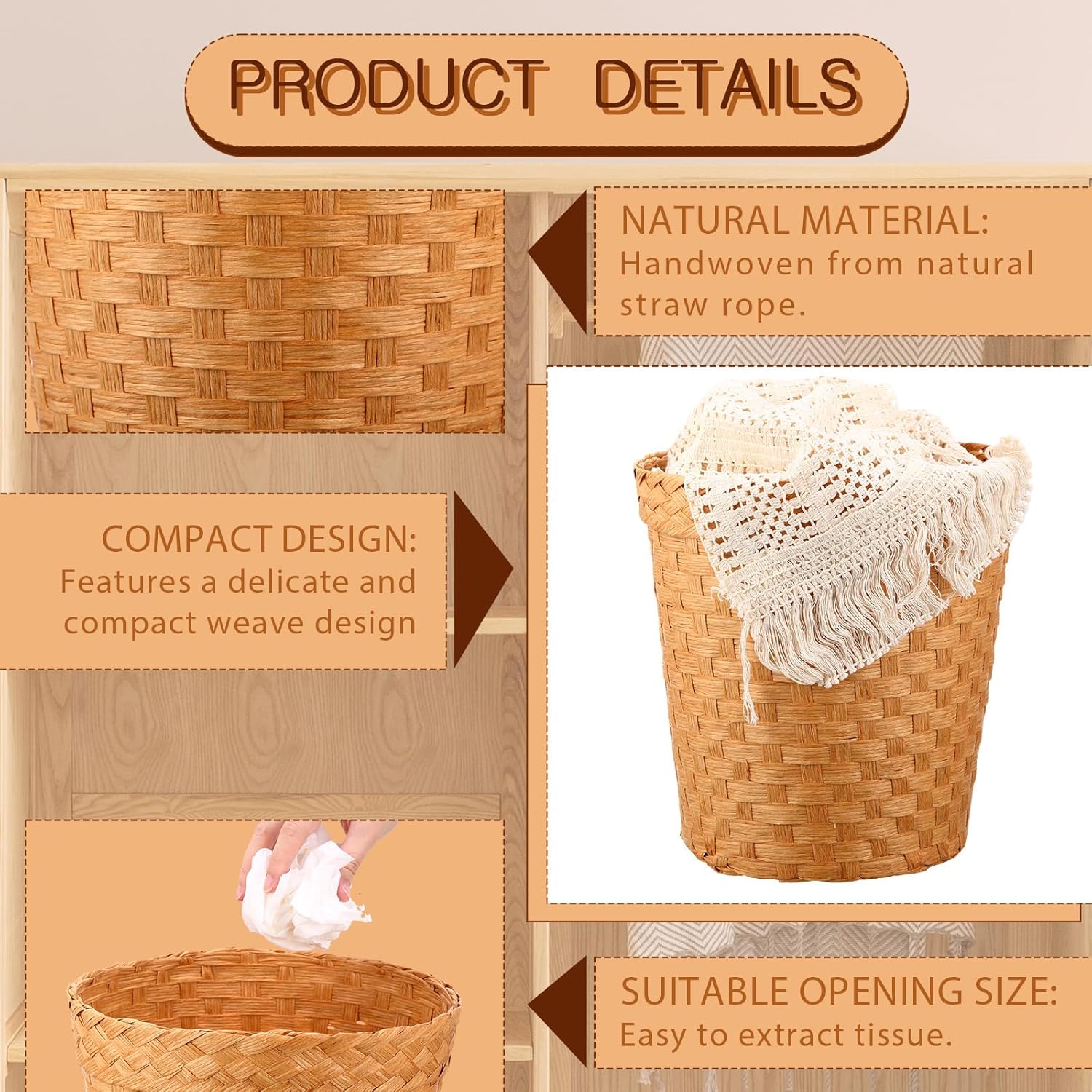 Bokon 4 cestas de basura de pajita, estilo bohemio, tejidas, naturales, para baño, papelera, papelera, papelera, papelera pequeña, redonda, para