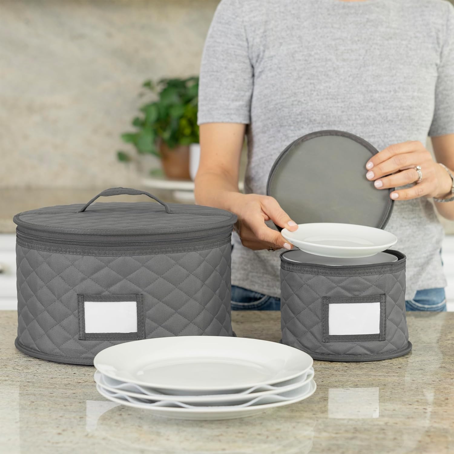 Paquete de 2 fundas acolchadas para platos de ensalada de 10 pulgadas, contenedor de almacenamiento de China, apilable con interior acolchado para
