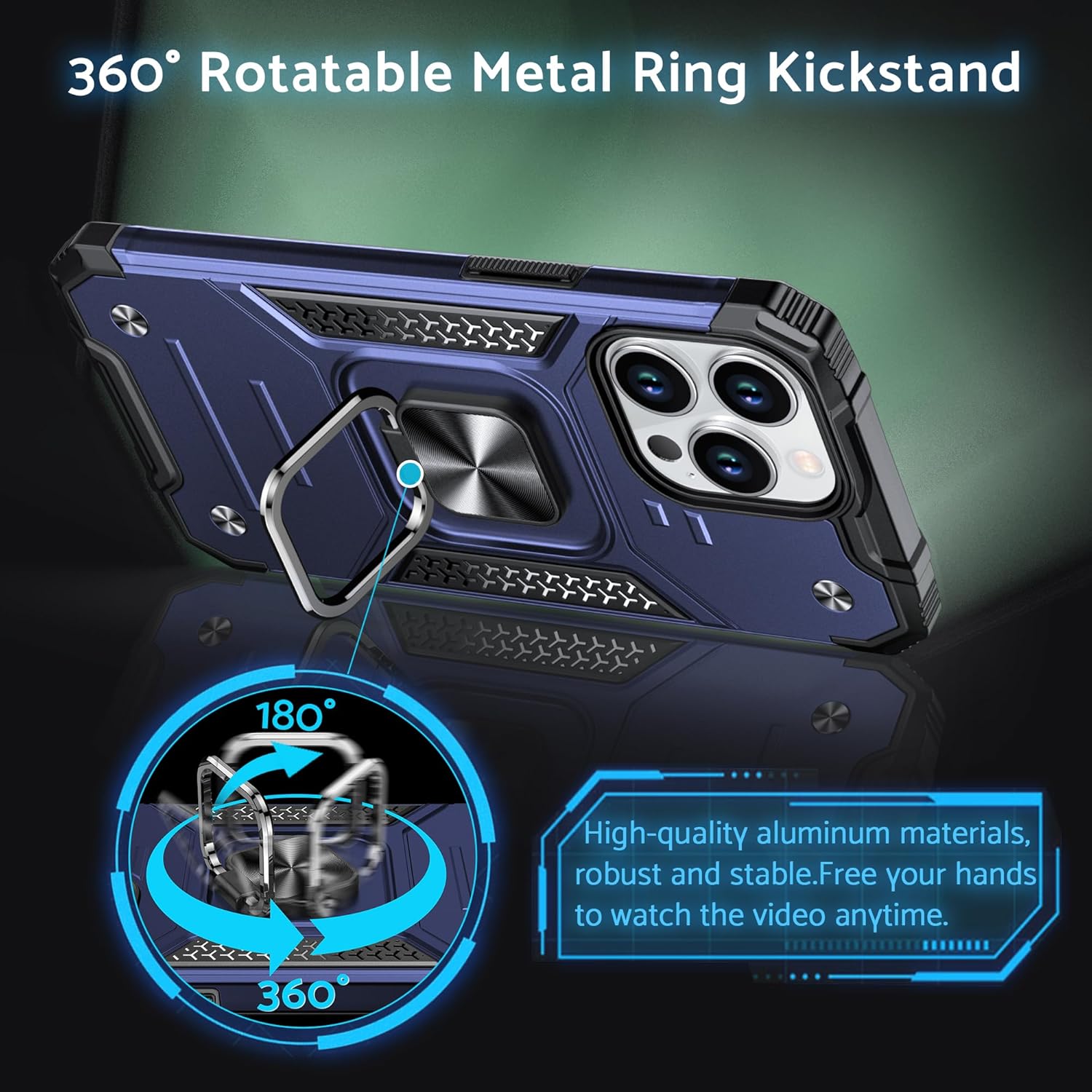 DASFOND Funda diseñada para iPhone 15 Pro, de grado militar, a prueba de golpes, con soporte de anillo de metal mejorado soporte magnético para