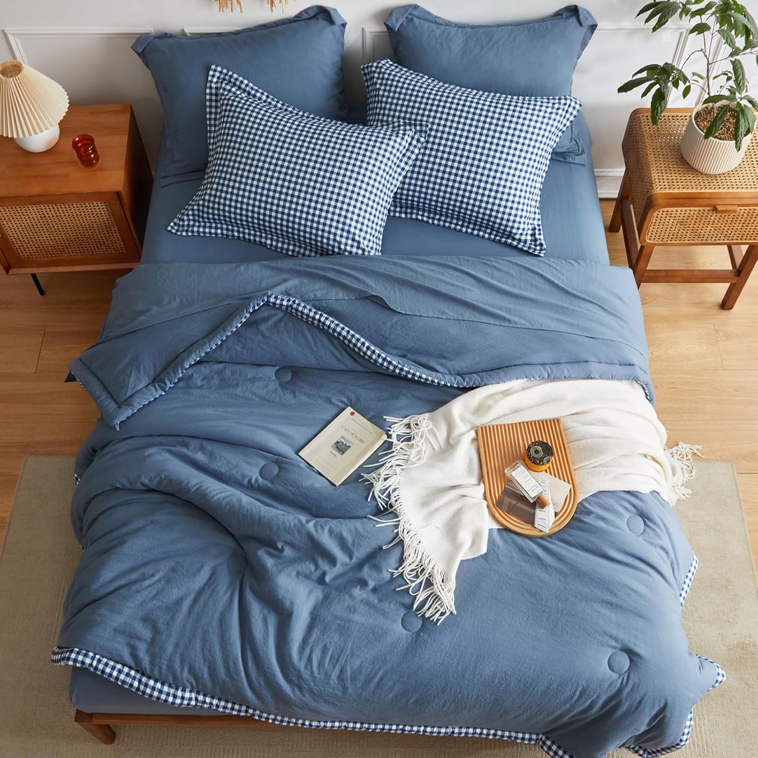 WARMDERN Juego de edredón de cuadros de búfalo tamaño King, juego de edredón ligero y suave, juego de ropa de cama tamaño King de 7 piezas con