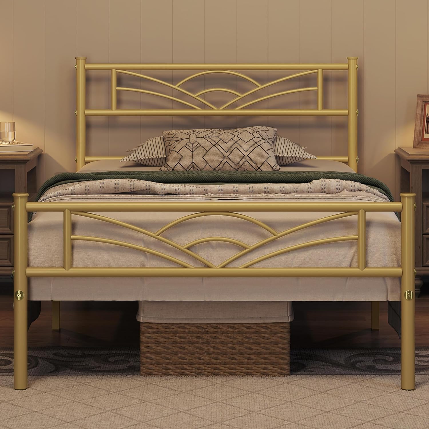 Yaheetech Base de cama de tamaño individual con plataforma de metal con cabecera, estribo, amplio almacenamiento debajo de la cama, no necesita