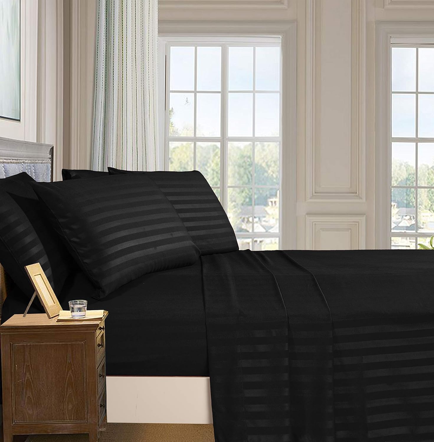Elegant Comfort Juego de ropa de cama, suave, resistente a las arrugas y a la decoloración (6 piezas), Microfibra, Negro (Stripe Black), King