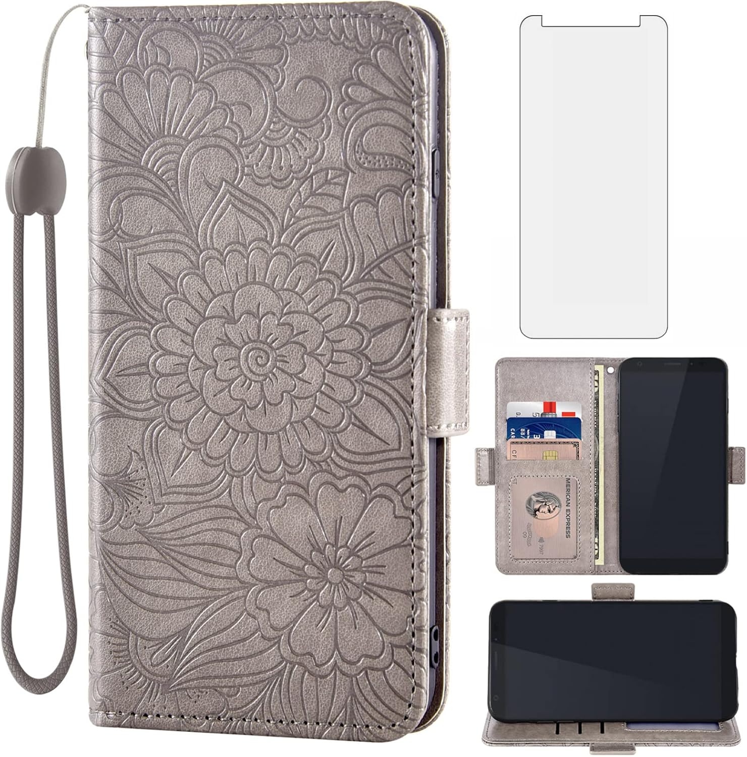 Asuwish Compatible con ZTE Blade A5 2019 – Funda tipo cartera y protector de pantalla de vidrio templado, soporte magnético de cuero con tapa para