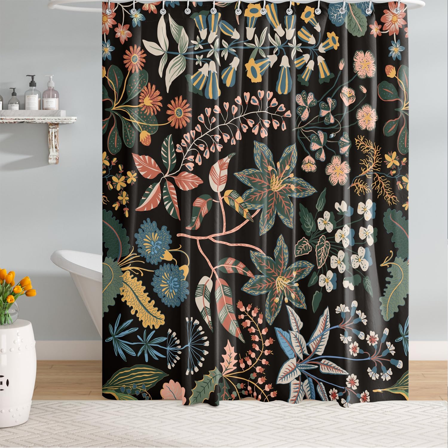 Cortina de ducha bohemia con flores silvestres, cortina de ducha impermeable de tela con 12 ganchos, 72 x 72 pulgadas