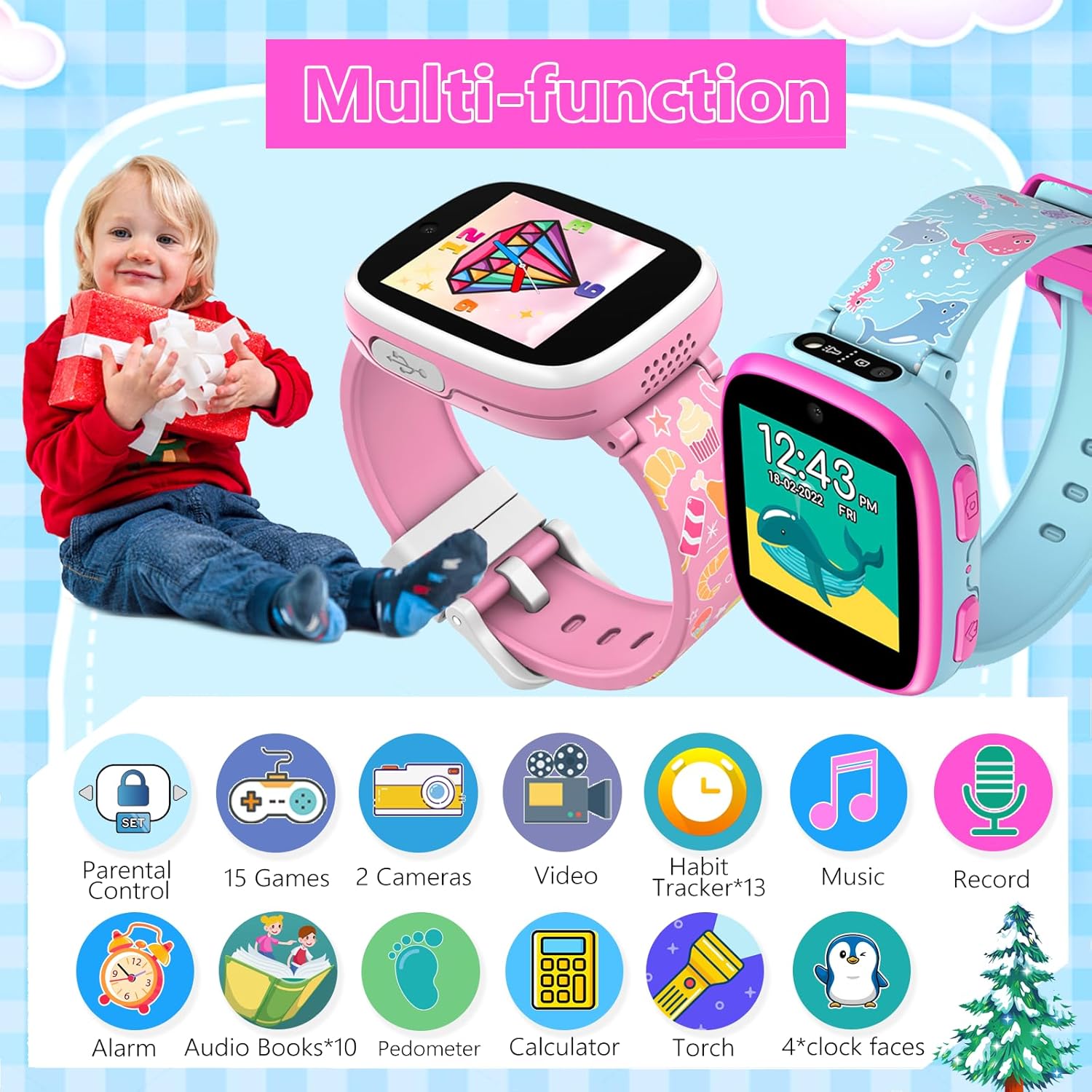 Reloj inteligente para niños, relojes para niños con 15 juegos, 2 cámaras, video, rastreador de hábitos, contador de pasos, 10 historias,