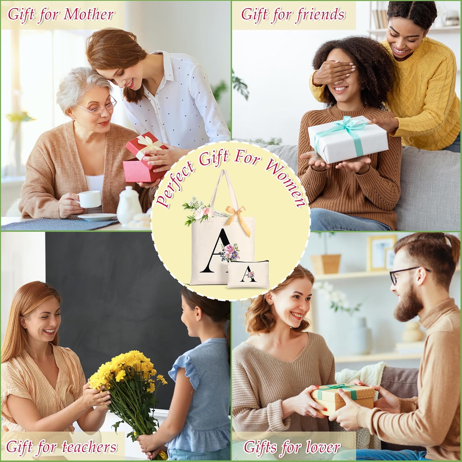AUNOOL Bolsa de mano con monograma para dama de honor, boda, bolsa de maquillaje de lona inicial con cremallera, regalos de cumpleaños