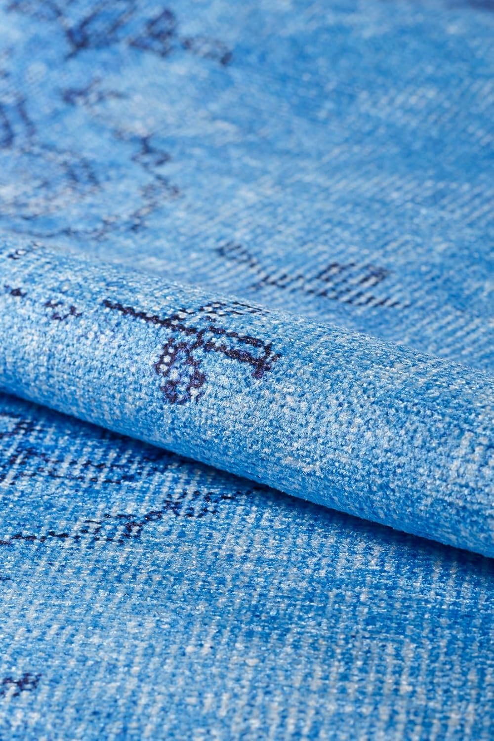 Woolknot ENC1092 – Alfombra vintage azul para sala de estar, alfombra floral, turquesa, pequeña, lavable, bohemio, alfombra estampada envejecida con