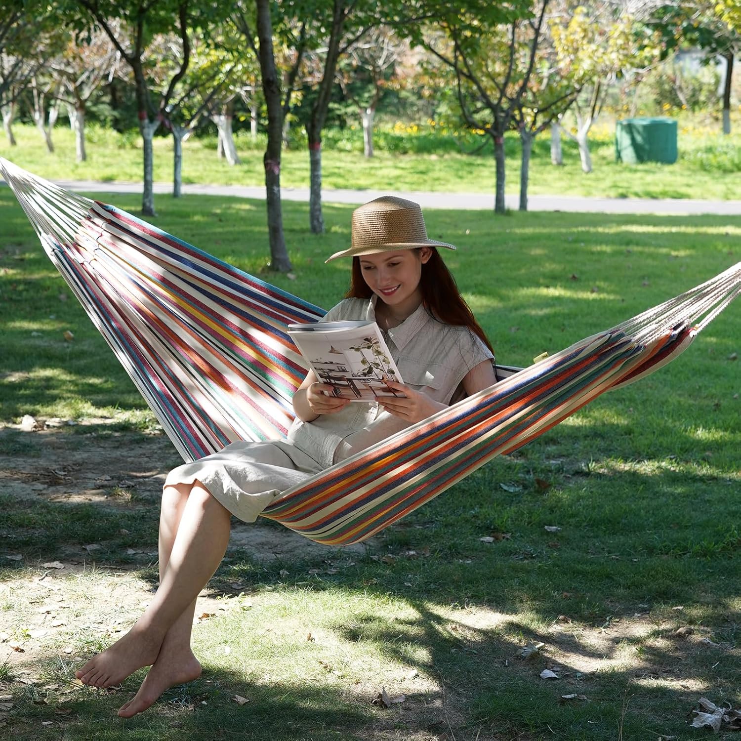 Hamaca para 2 personas con correas de árbol, hamaca doble brasileña, cama colgante portátil para camping, patio, porche, uso en exteriores e