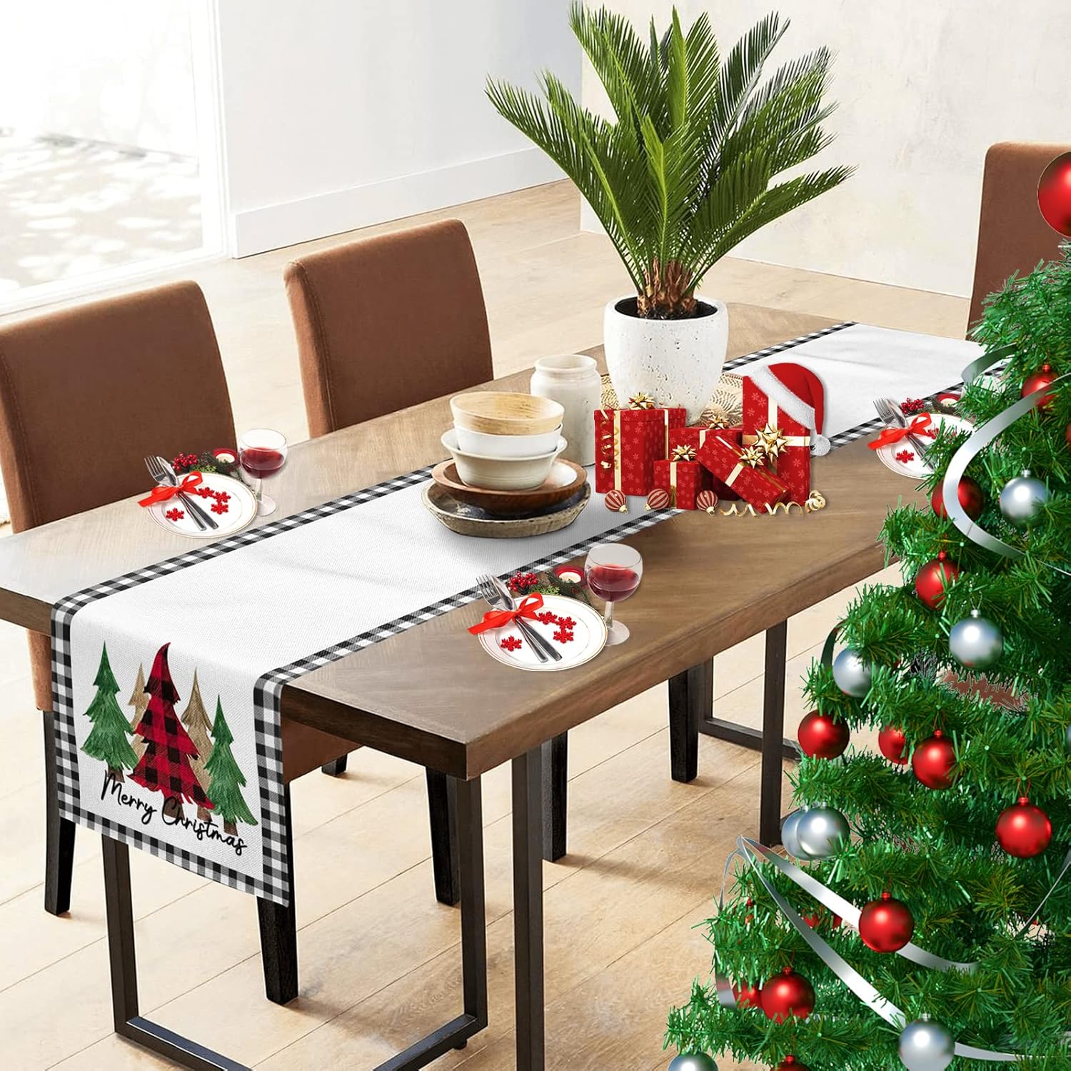 Camino de mesa de Feliz Navidad de 13 x 72 pulgadas, acuarela, árbol de Navidad, búfalo, caminos de mesa a cuadros, temporada de invierno, Navidad,