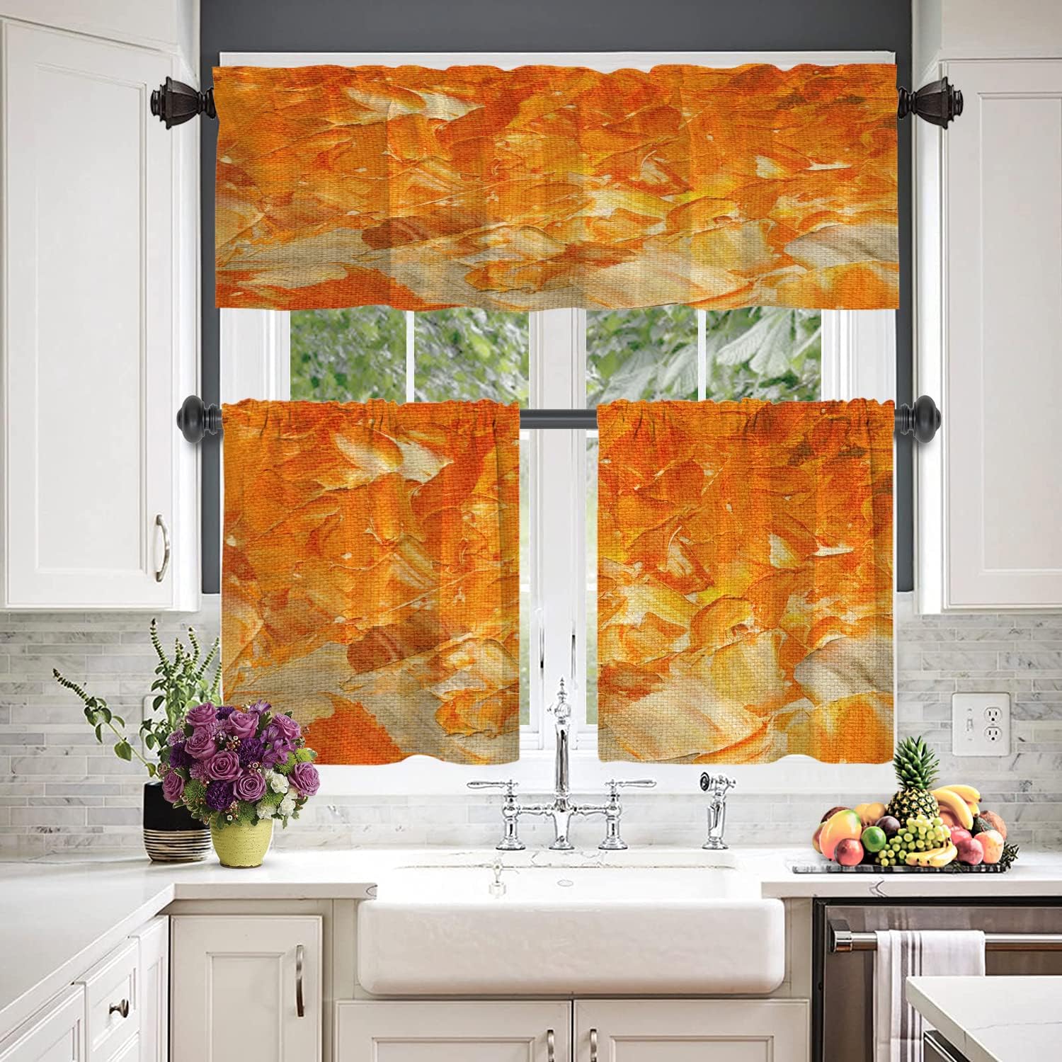 Cenefas de cocina de pintura artística naranja para ventanas, cenefas opacas de color abstracto, cortinas de poliéster multicapa para cocina y