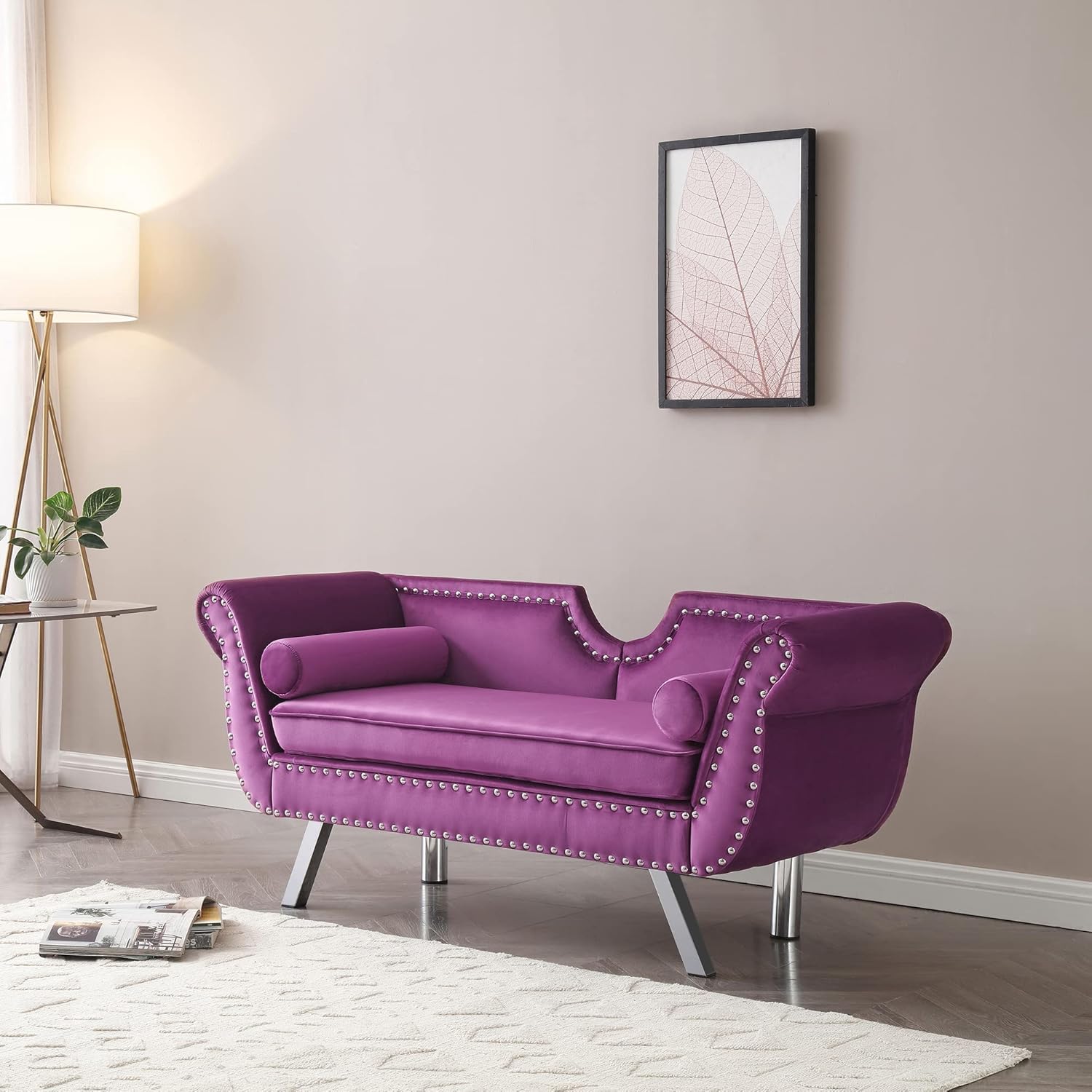 Sofá biplaza de terciopelo de 61 pulgadas, sofá Chesterfield tapizado con 2 almohadas redondas, sofá biplaza moderno de mediados de siglo con