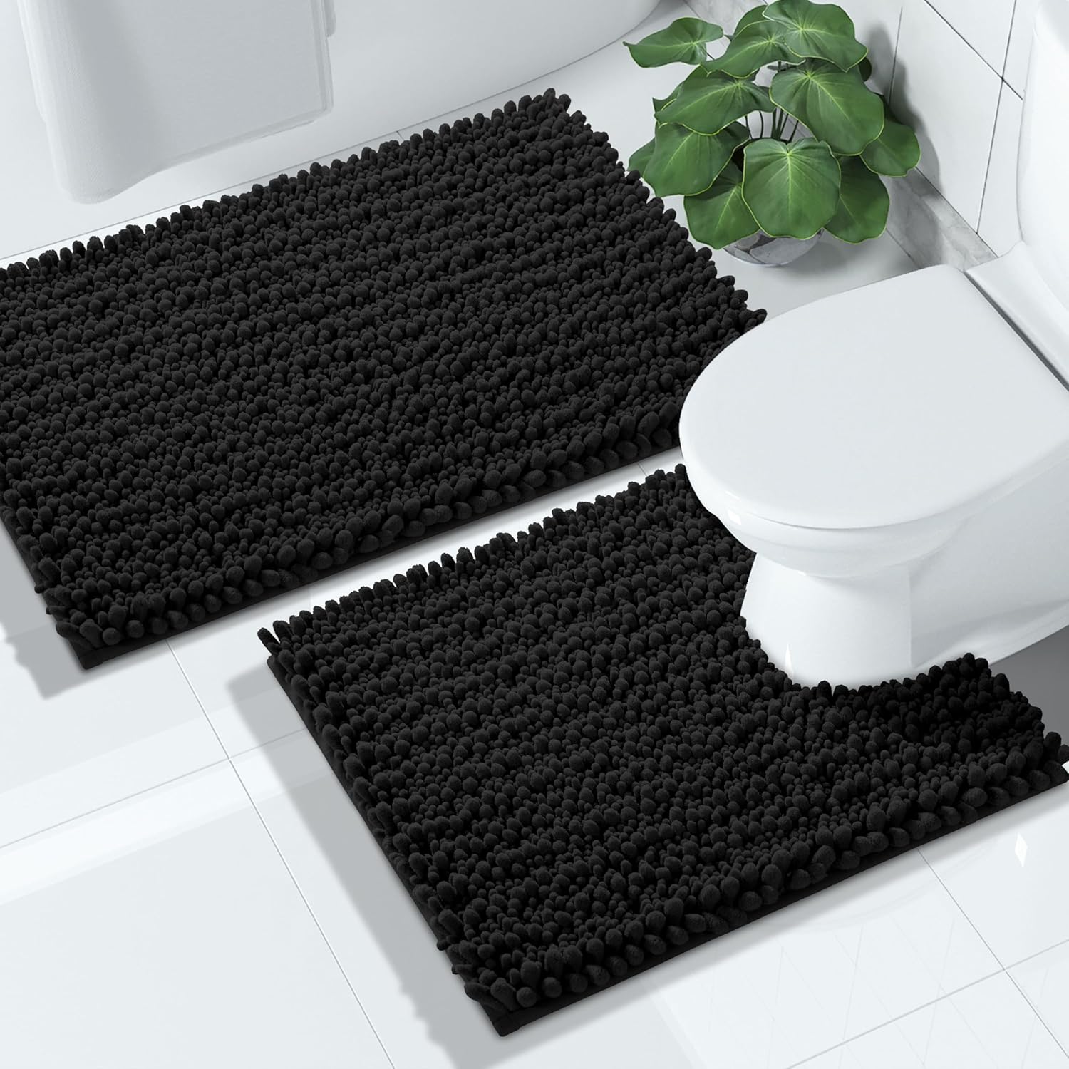 Yimobra Juego de 2 alfombras de baño de chenilla, 32 x 20 + 24 x 20 pulgadas, tapete suave en forma de U y esponjoso, tapete de ducha antideslizante
