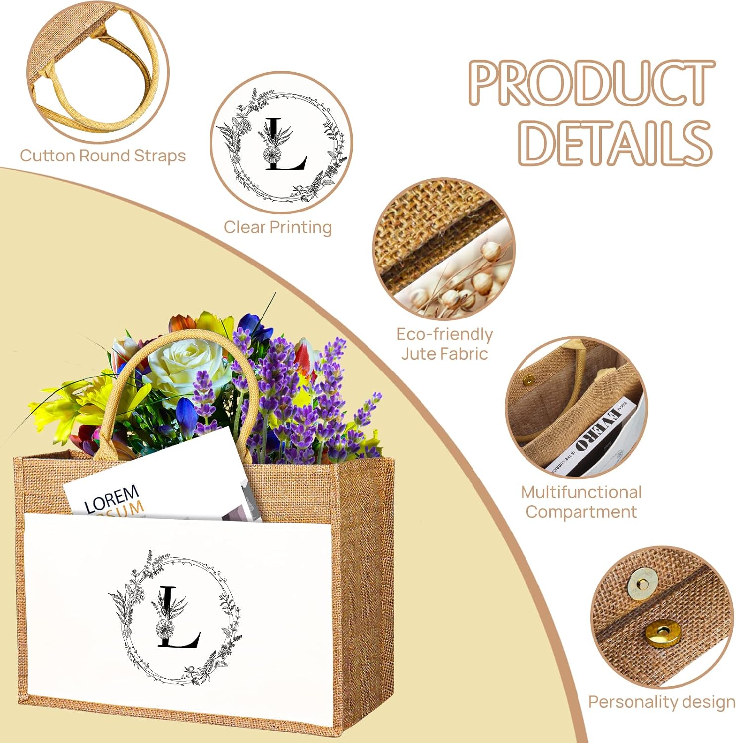 JUSTOTRY Bolsa de mano con inicial, yute natural, grande, 13 onzas, personalizada, bolsa de lona con monograma, regalo para mujer