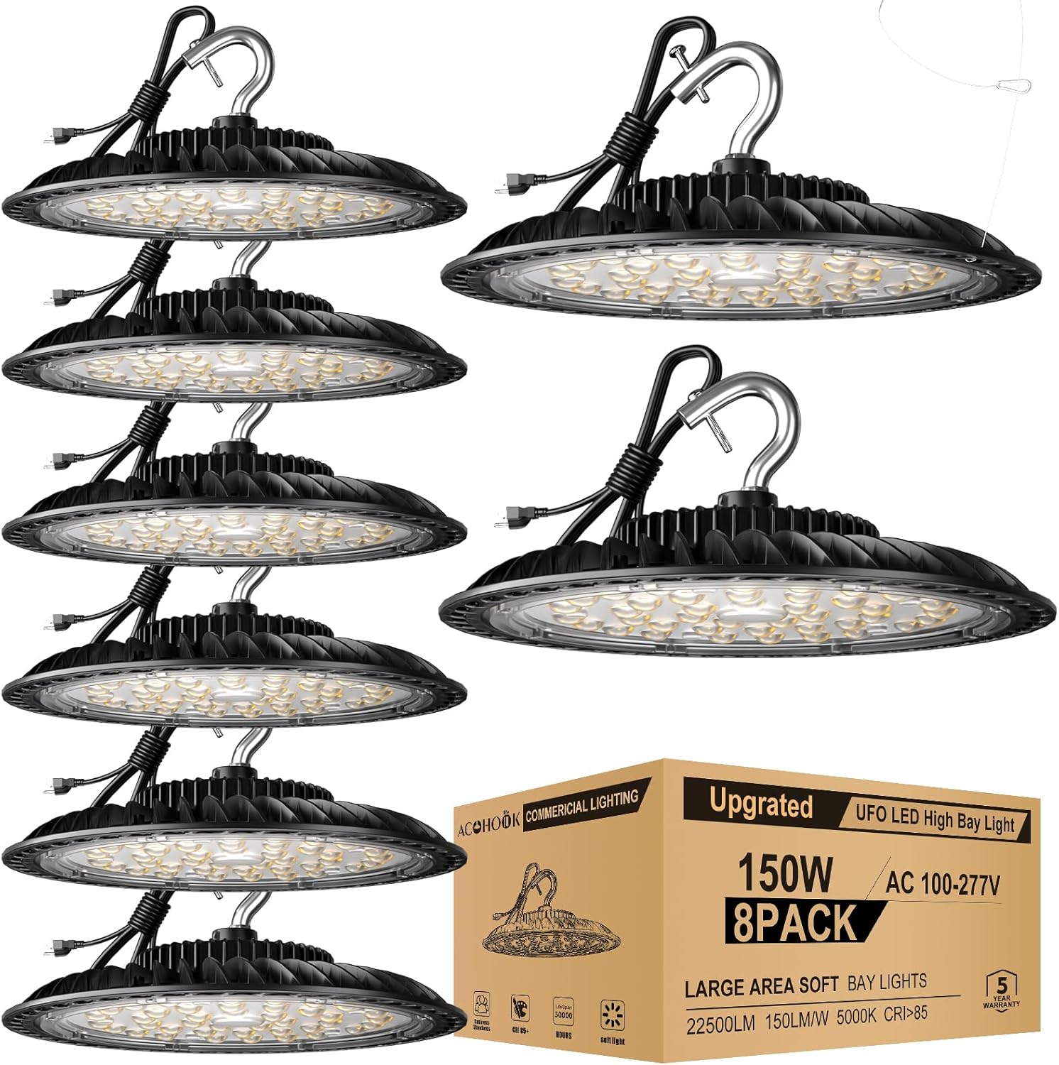 ACOHOOK Luz LED UFO de alta bahía de 150 W, 21000 lm (Eqv.600 W MHHPS) luces LED de alta bahía, luces LED de alta bahía, 5000 K, enchufe de EE. UU