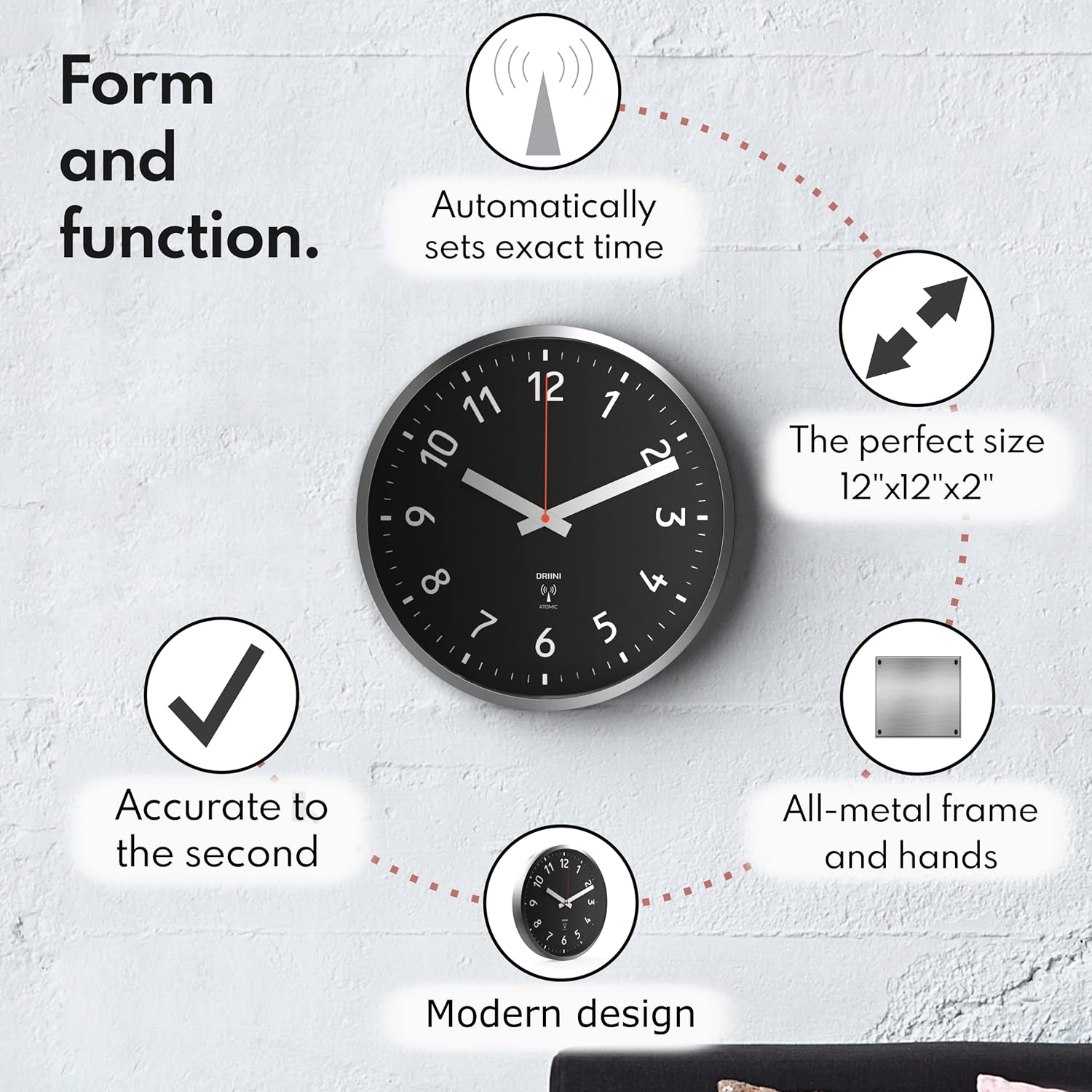 Driini Reloj de pared atómico analógico, autoajustable y funciona con pilas, marco de metal plateado cepillado de 12 pulgadas con cara negra,