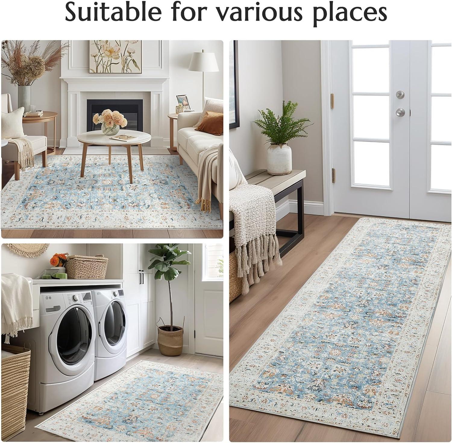 jinchan Alfombra de área lavable de 5 x 7 pies, diseño floral bohemio vintage de pelo bajo, delgada, antideslizante, no desprende pelo, para cocina,