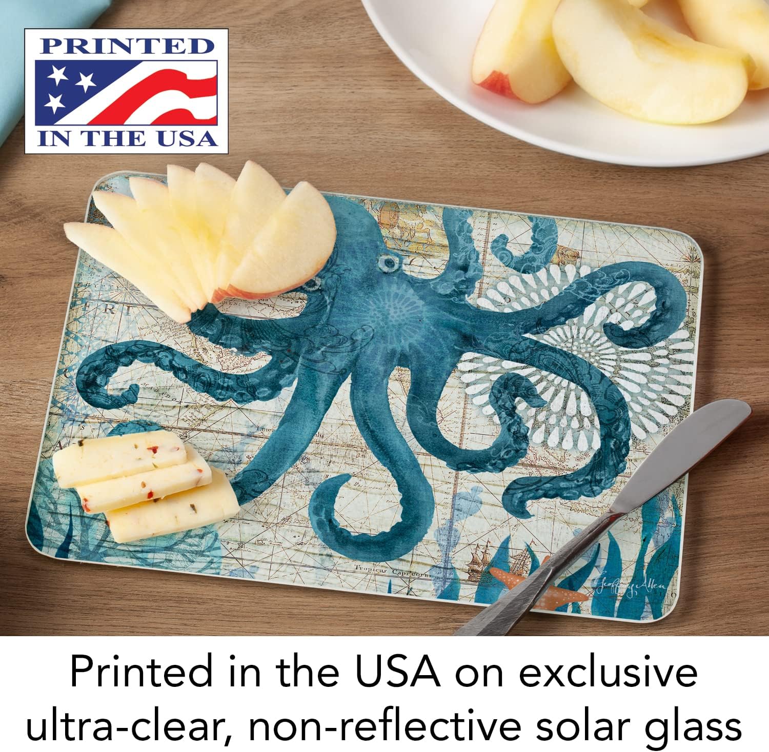 CounterArt Monterey Bay Octopus – Tabla de cortar de vidrio templado tolerante al calor de 10 x 8 pulgadas, fabricada en los Estados Unidos, apta