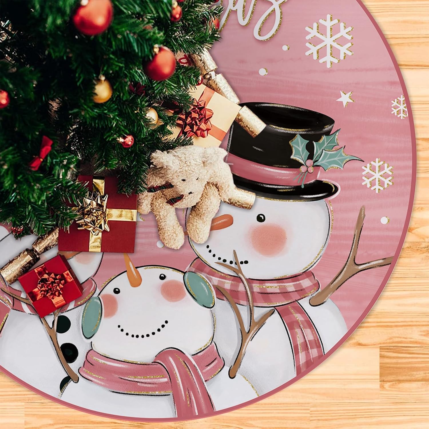Fzbali Falda de árbol de muñeco de nieve de 48 pulgadas con cordones, falda de árbol de Navidad rosa artificial, fiesta de invierno, decoración de