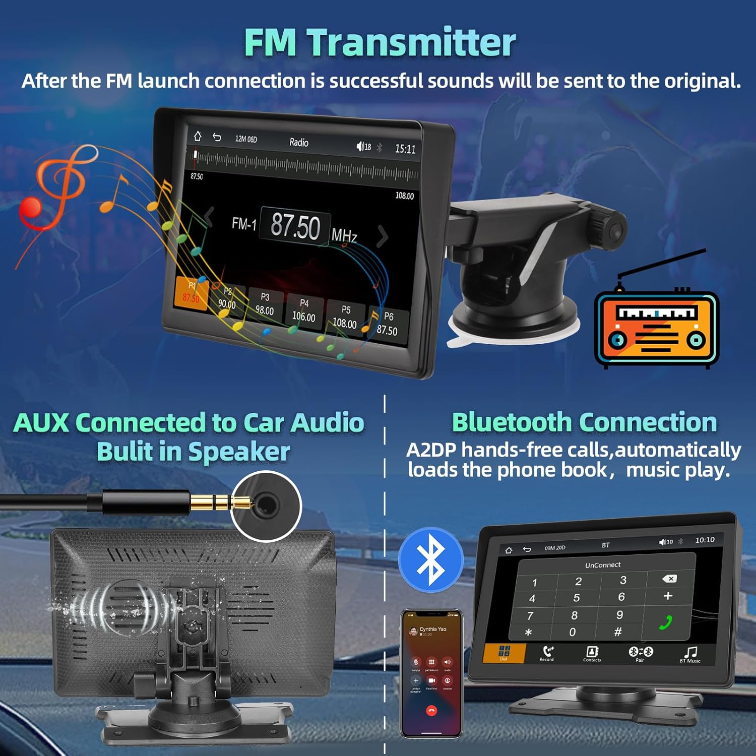 Podofo Radio estéreo portátil para coche de 7 pulgadas con Apple Carplay inalámbrico y Android Auto Bluetooth IPS HD pantalla táctil receptor de