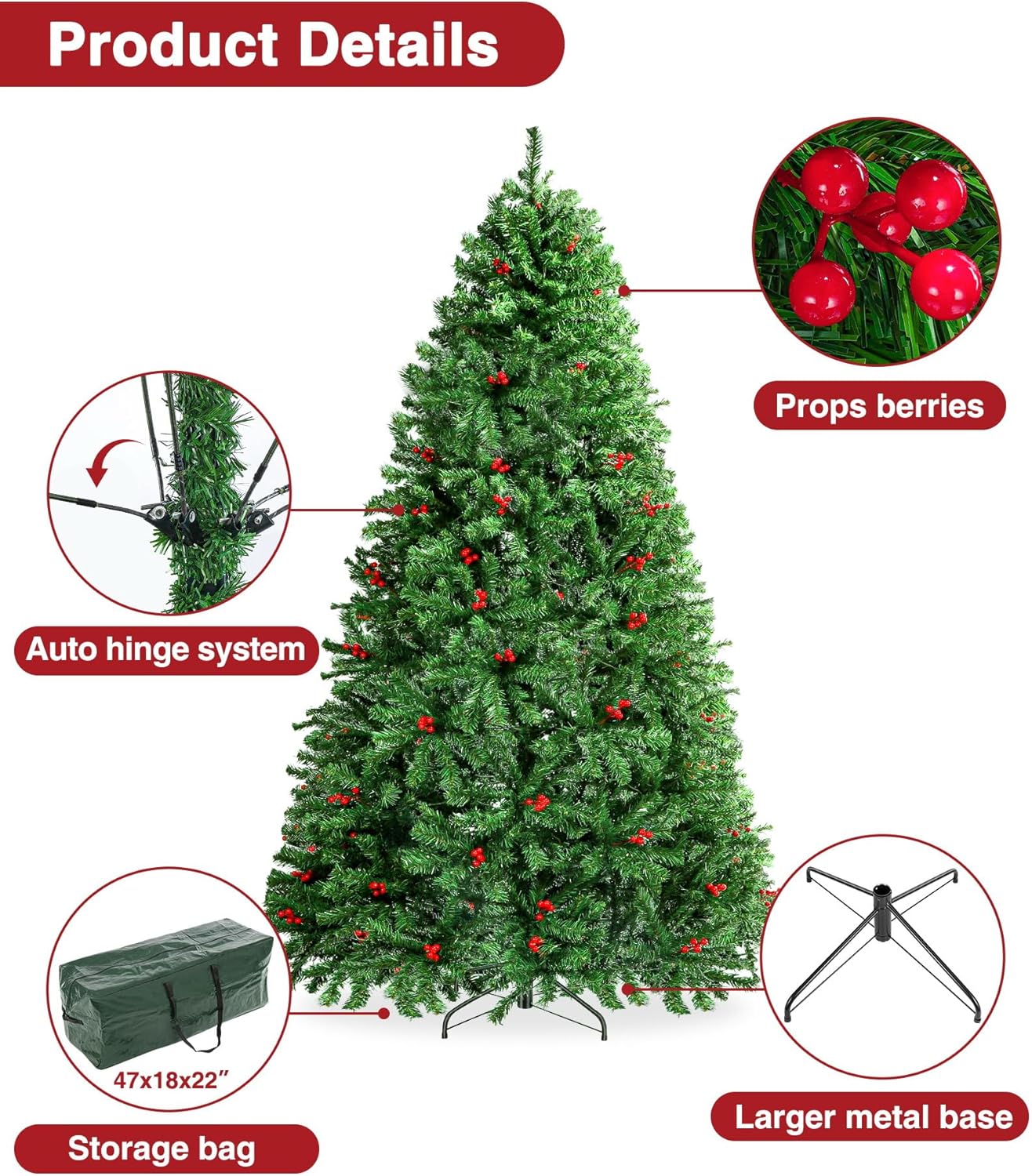 Árbol de Navidad artificial predecorado de 7.5 pies, árbol de Navidad navideño sin luz con 1346 puntas de rama, 84 bayas, base plegable y bolsa de