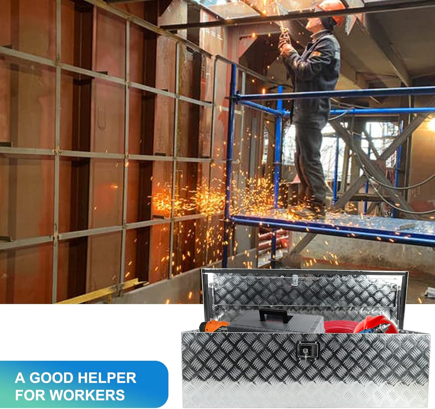 Caja de herramientas de aluminio plateado de 49 x 15 x 15 pulgadas, caja de herramientas con cerradura y llave, banda de rodadura de 5 barras