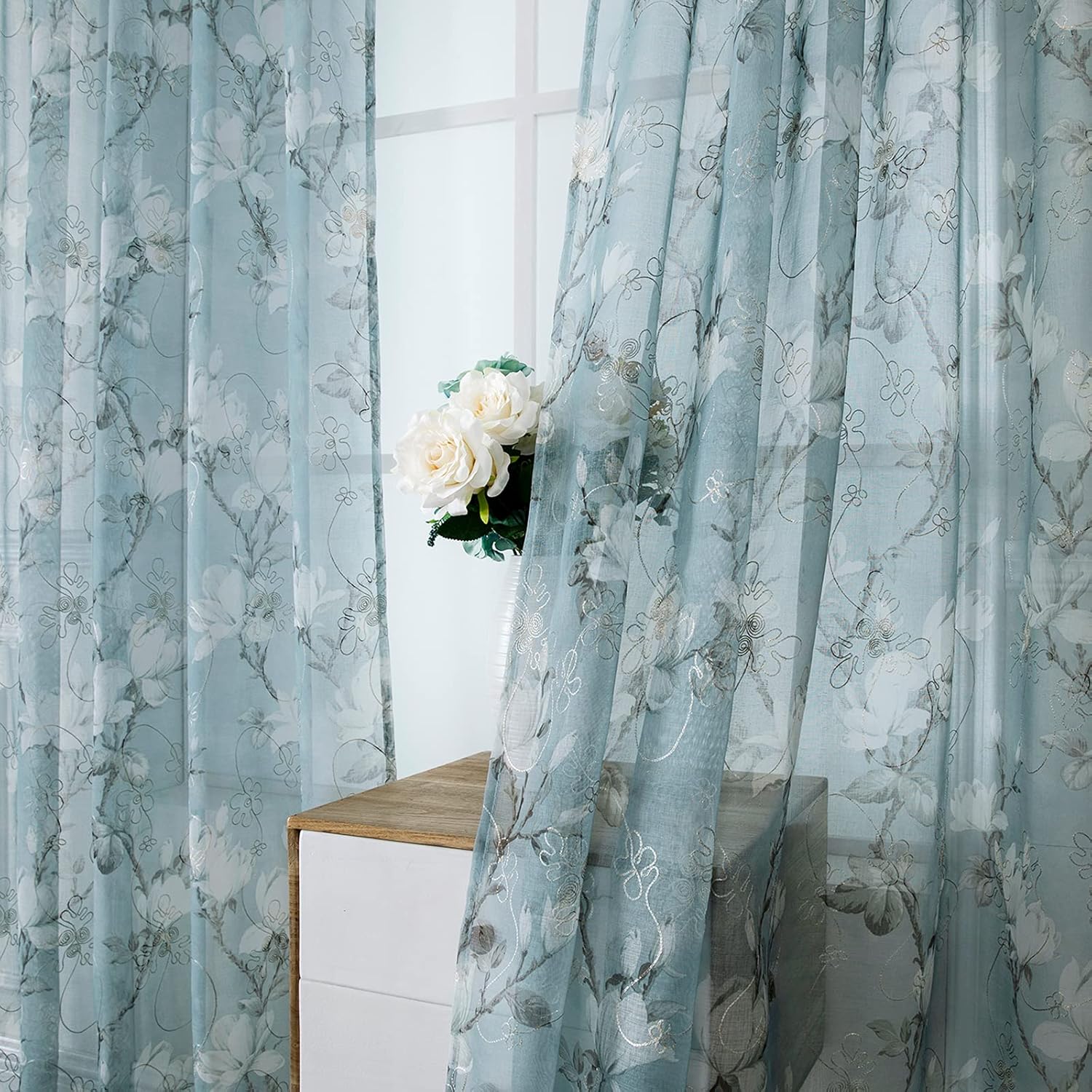 Tollpiz – Cortinas de gasa con estampado de flores y bordado de enredadera, con bolsa para barra, cortinas Voile para ventana, para sala de estar,